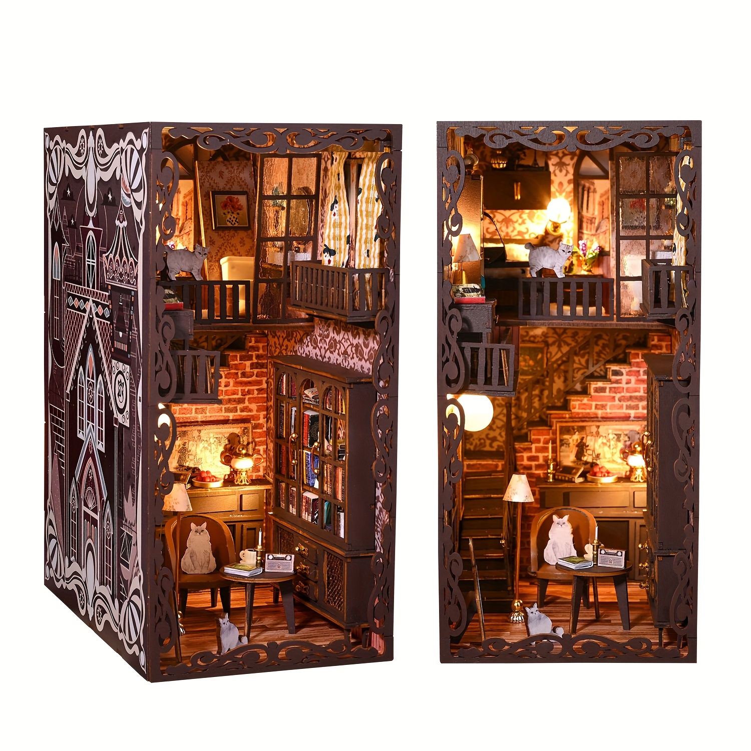 Book Nook Kit DIY Bookshelf Insert Decor 3D Puzzle Miniature Wooden  Bookends with LED Light Tiny Library Home Dollhouse 