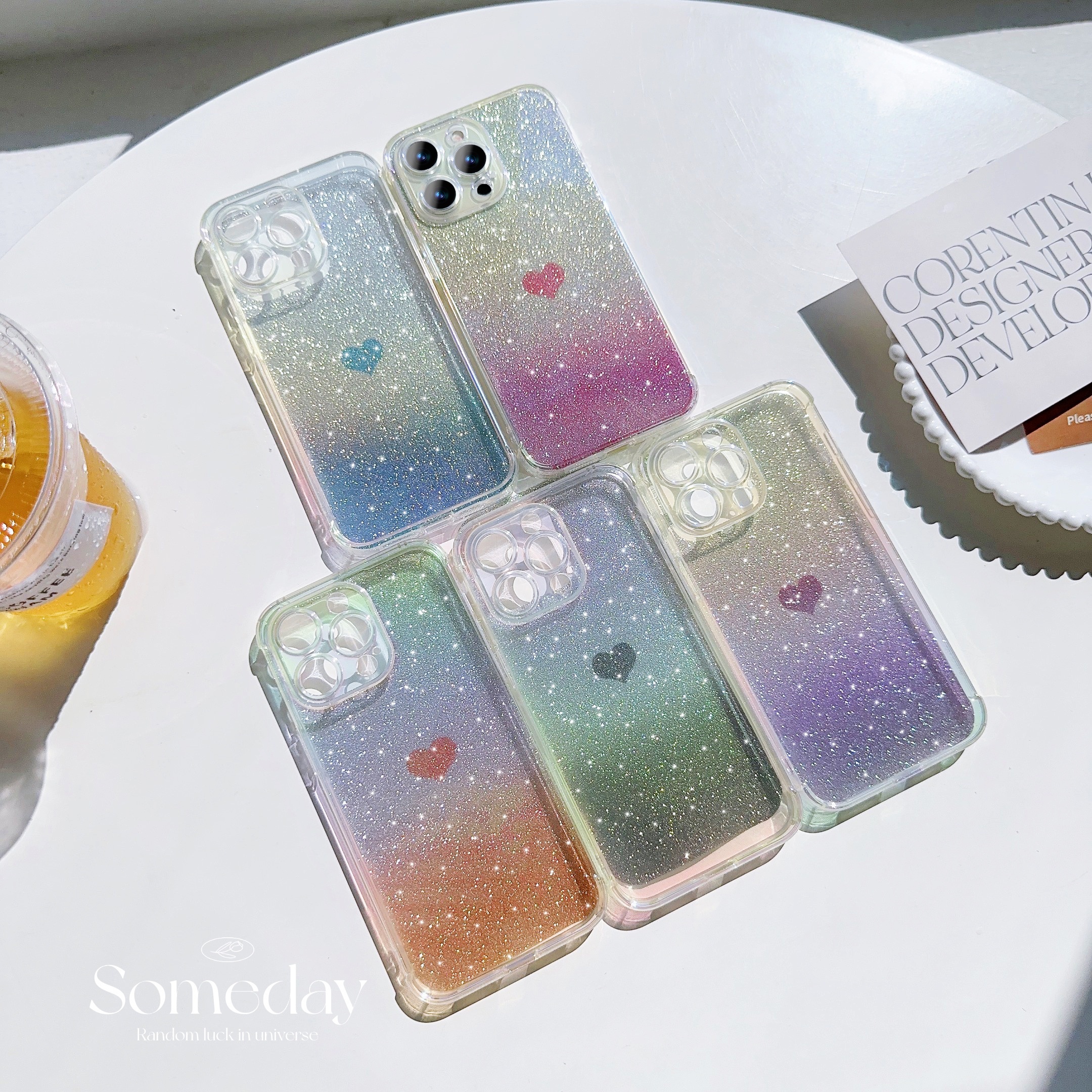 

The New Color-plated Fantasy Blue Light Gradient Love Glitter Powder Anti-fall Mobile Phone Protective Case Suitable For Iphone 15 14 13 12 11 X Xs Xr 8 7 Plus Pro Promax