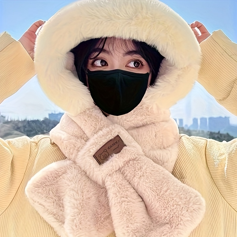 Thick Faux Fur Hooded Scarf Winter Warm Beanie Pom Trendy - Temu