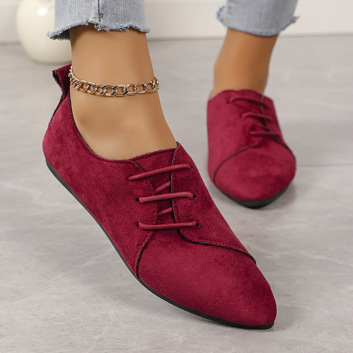 Women's Lace Flat Shoes Retro Pointed Toe Solid Color - Temu Canada
