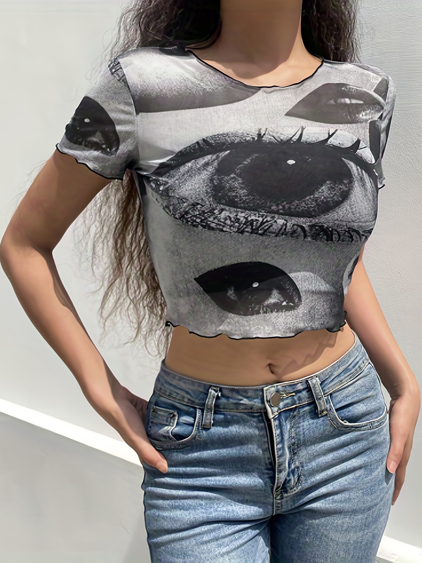 Y2k Women's Slim Fit T-Shirt Adult Eye and Lip Print Long Sleeve Crew Neck  Lettuce Trim Sweatshirt(#14-White, Medium)