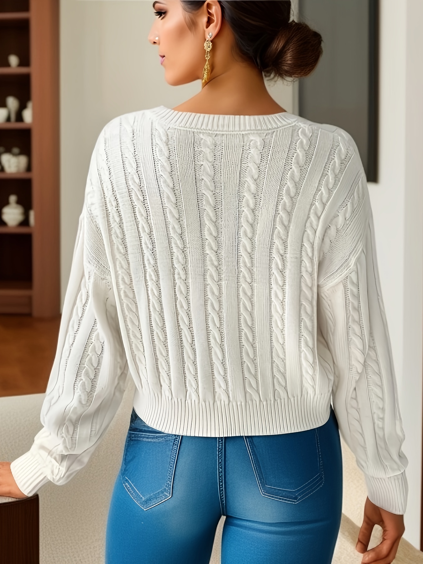 Solid V neck Cable Knit Sweater Versatile Simple Long Sleeve - Temu