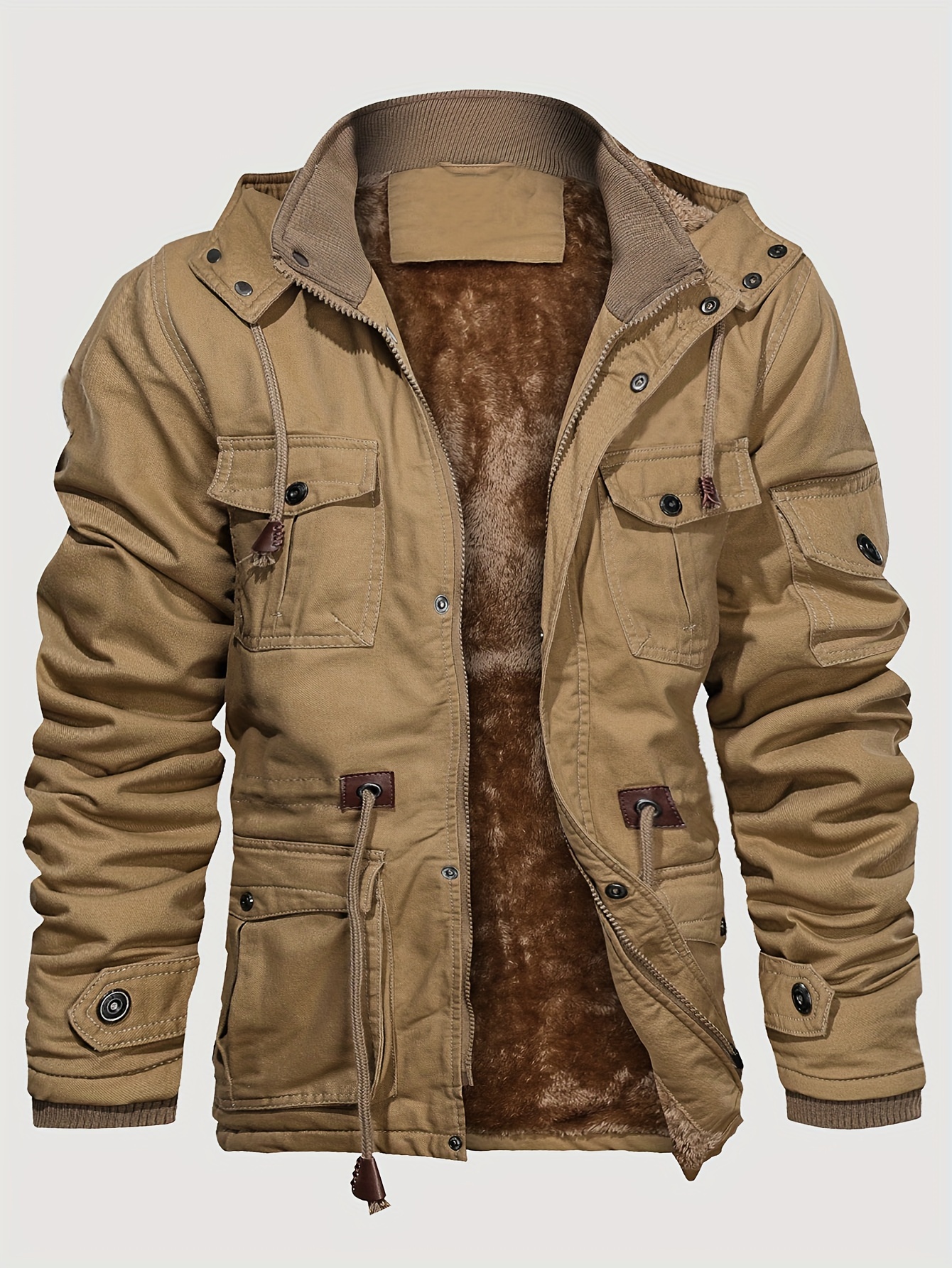 Non-Stretch Cargo Zip Up Jacket, Men's S Warmolid Pocket Hiking Outwear Coat Jacket Windproof,Winter Outfit,Windbreaker,Temu