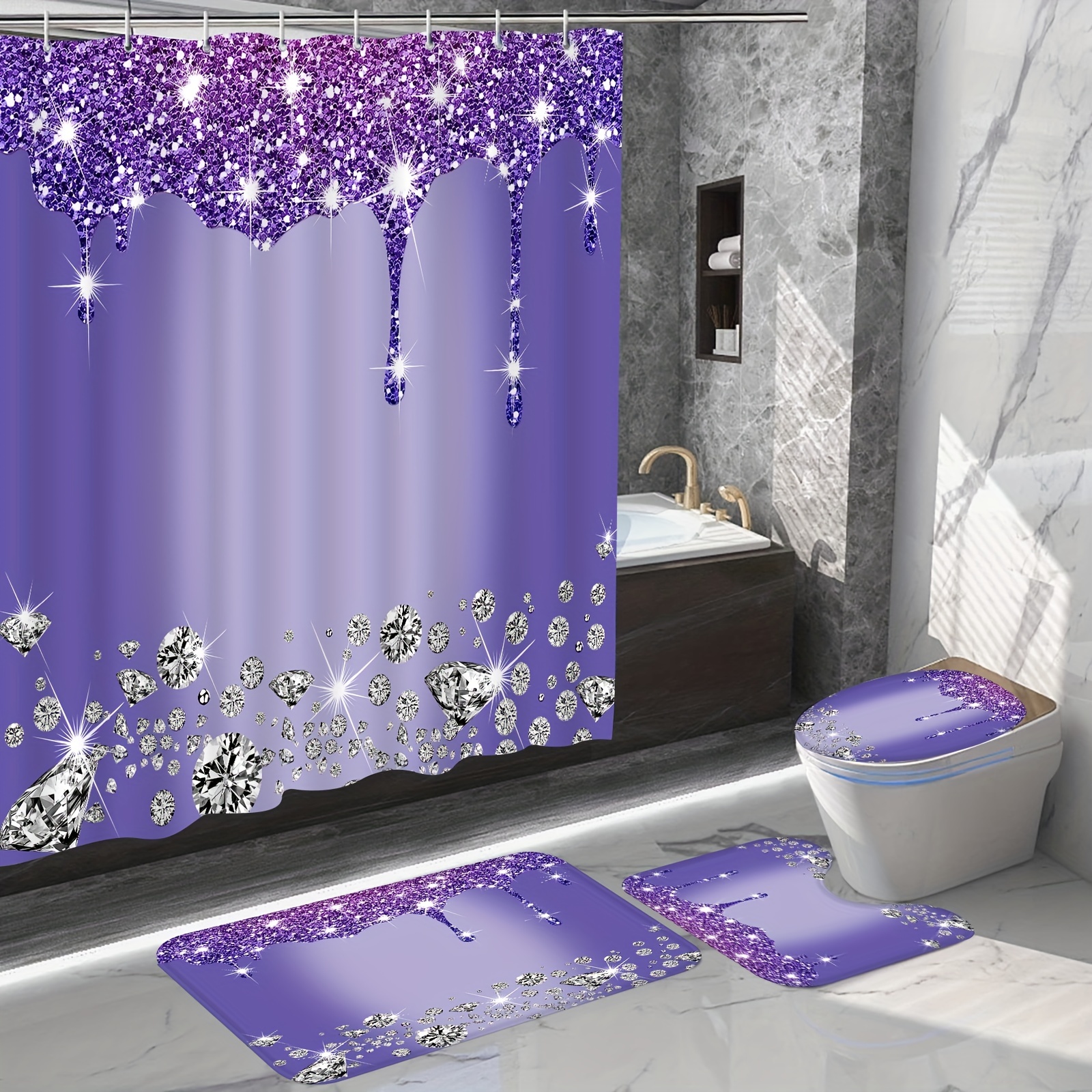 Luxurious 4-Piece Diamond Shower Curtain Set - Purple Shiny Bathroom Trim,  Carpet, Toilet Seat & 12 Hooks - 71 x 71
