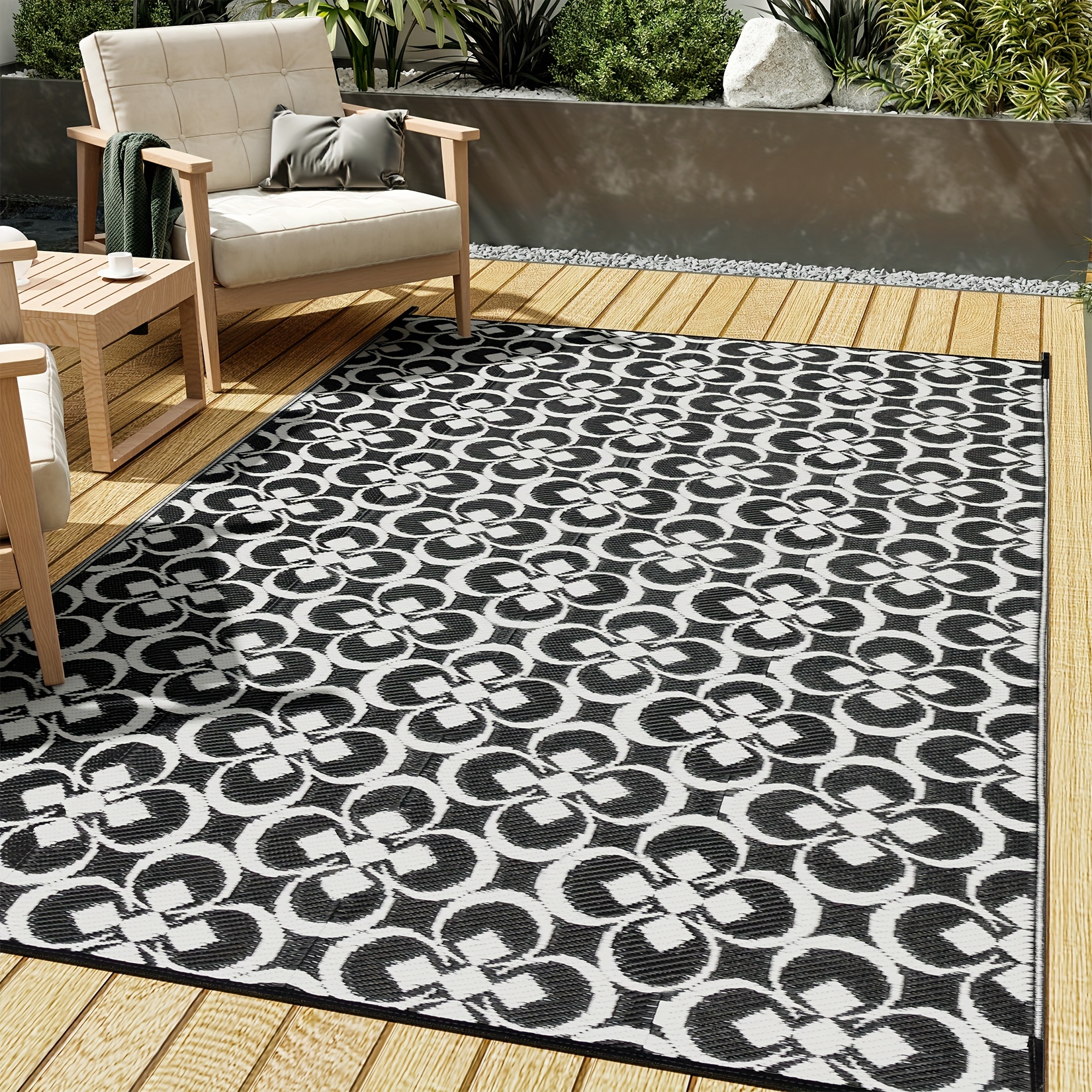 Corrigan Studio® Outdoorlines Outdoor Area Rugs For Patio 5X8 Ft -  Reversible Outside Carpet, Stain & Uv Resistant Rv Mats, Plastic Straw Rug  For Camping, Deck Garden, Porch And Balcony, Geometry Black