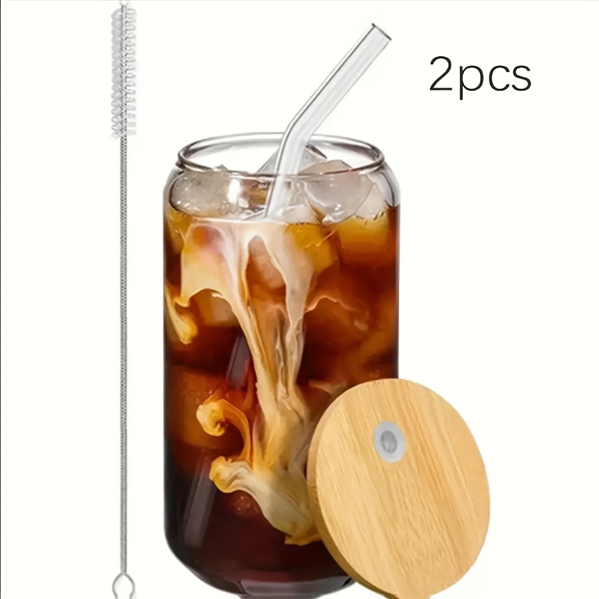 Iced Coffee Glass Cup with Bamboo Lid and Straw | 550ml/470ml Beer Can Glass with Lids and Straw | Camping Cup | Can Shaped Glass Soda Can Cup 