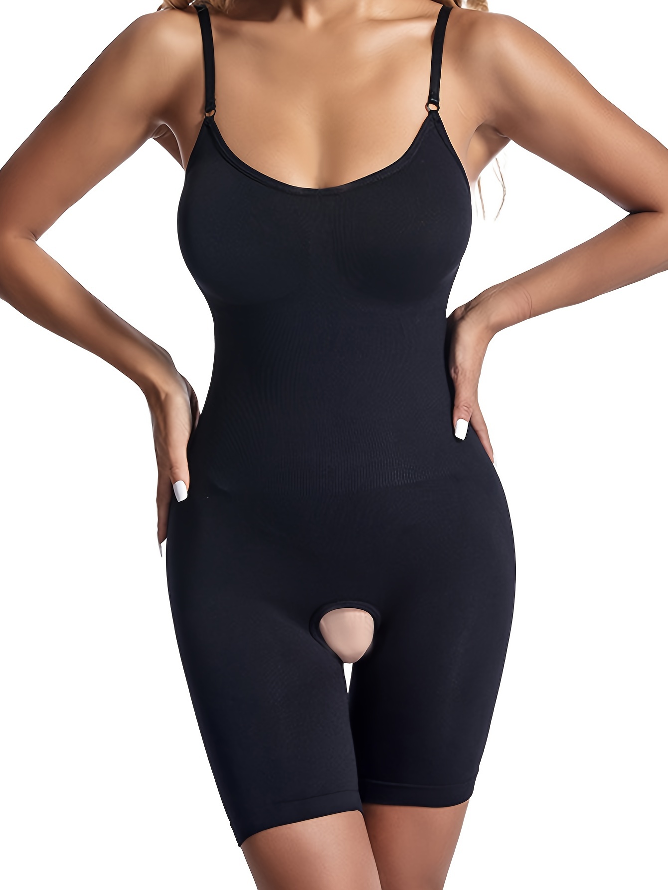Plus Size Simple Shapewear Bodysuit, Women's Plus Seamless Solid Tummy  Control Butt Lifting Crotchless Full Bust Body Shaper