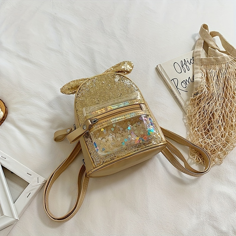 Girls Sequin Rabbit Ears Backpack PU Leather Schoolbag