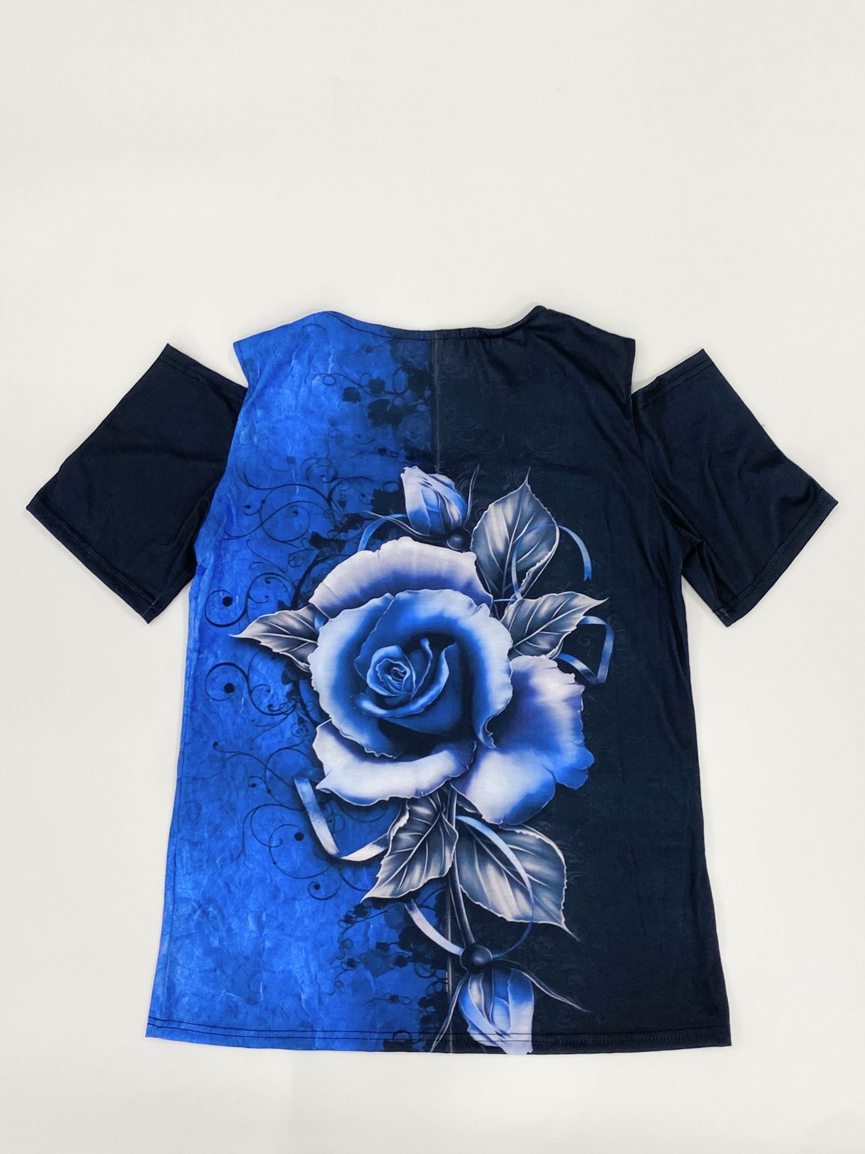 Rose Print Color Block T shirt Sexy Cut Short Sleeve Lace - Temu