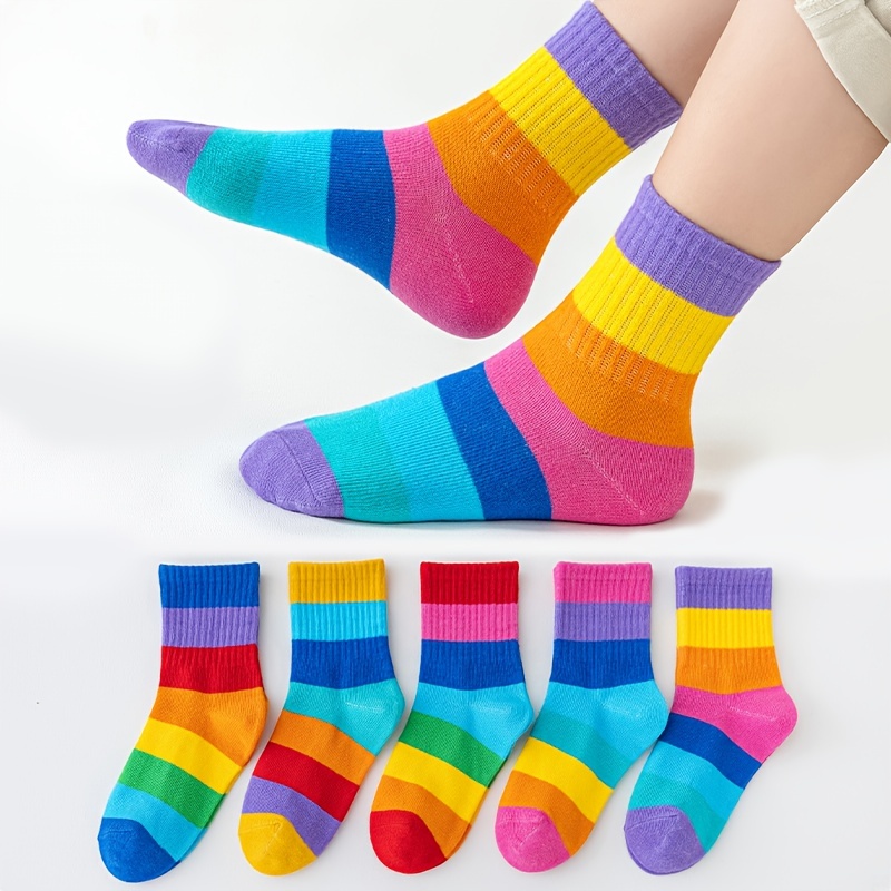

5 Pairs Girl's Rainbow Pattern Knitted Socks, Cotton Blend Comfy Breathable Soft Crew Socks For Outdoor Wearing
