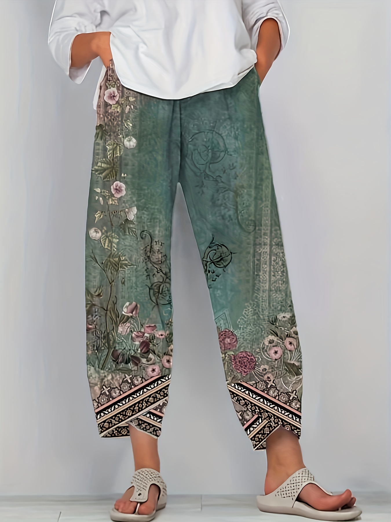 Floral Print Irregular Bottom Cropped Pants Casual Pocket - Temu