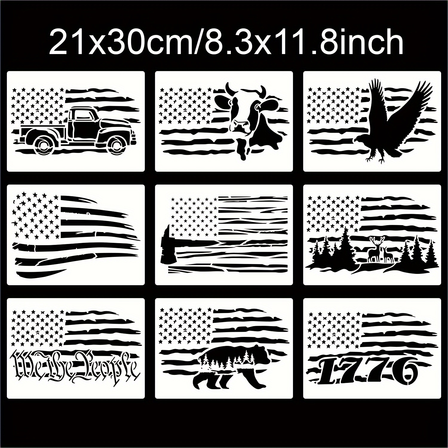 TEMU 9pcs American Flag Stencils, Stencils Deer 1776 Stencils Cow Bear Truck Stencils For Painting On Wood Canvas Walls Fabric Wood Burning Stencils