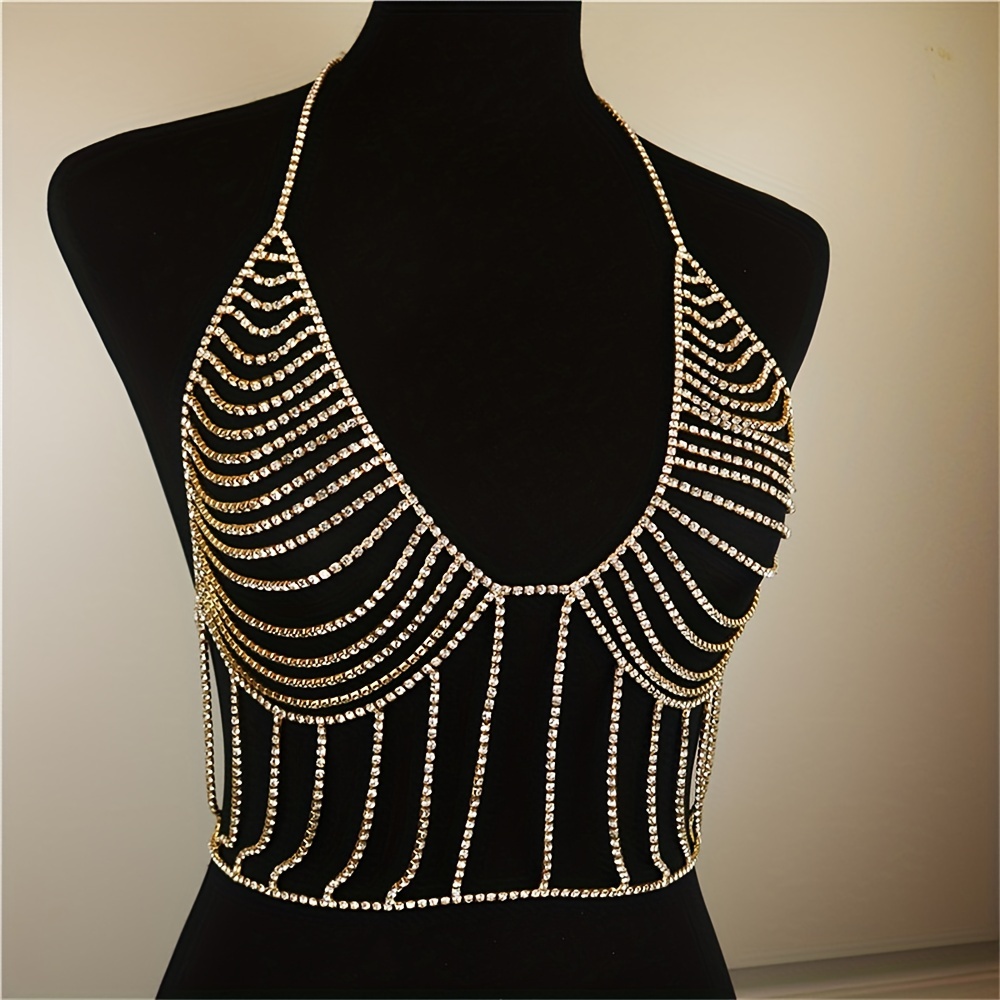 Hollow Shiny Rhinestone Chest Bra Chain/ Underwear Thong - Temu Canada