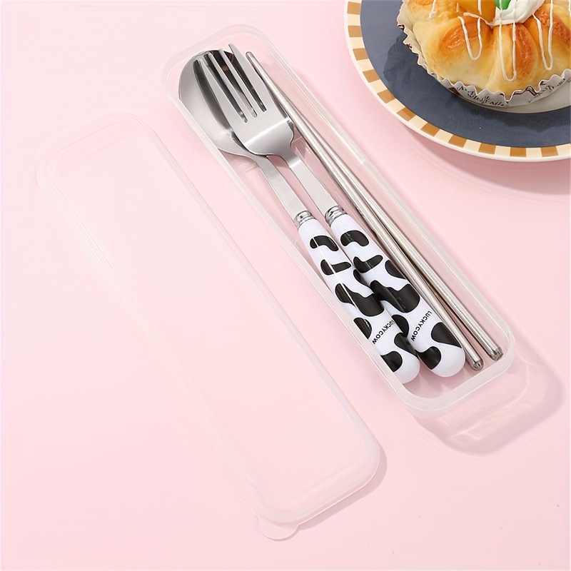 OLizee Cute Creative Cow Pattern Design Flatware Set of 3 Ceramics Handle Stainless Steel Spoon Fork Chopsticks for Traveling Portable Lovely Animals