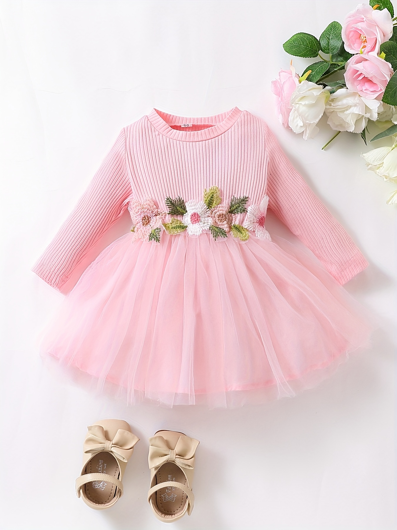 Baby Girls Dress with Flower Embroidery & Mesh Princess Design