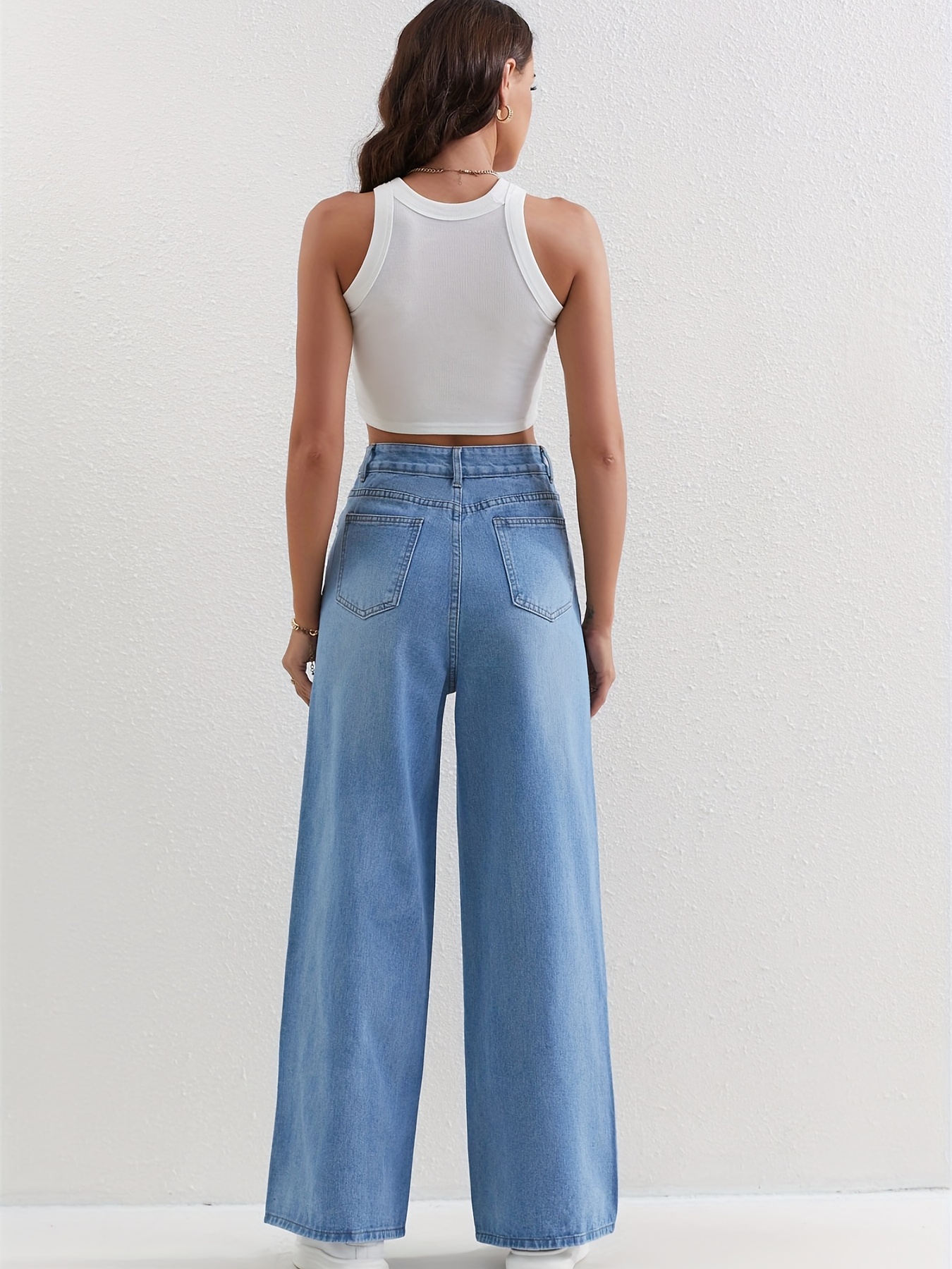 Blue Casual Wide Legs Jeans, Loose Fit Slash Pockets Straight Legs Mid  Waist Denim Pants, Women's Denim Jeans & Clothing