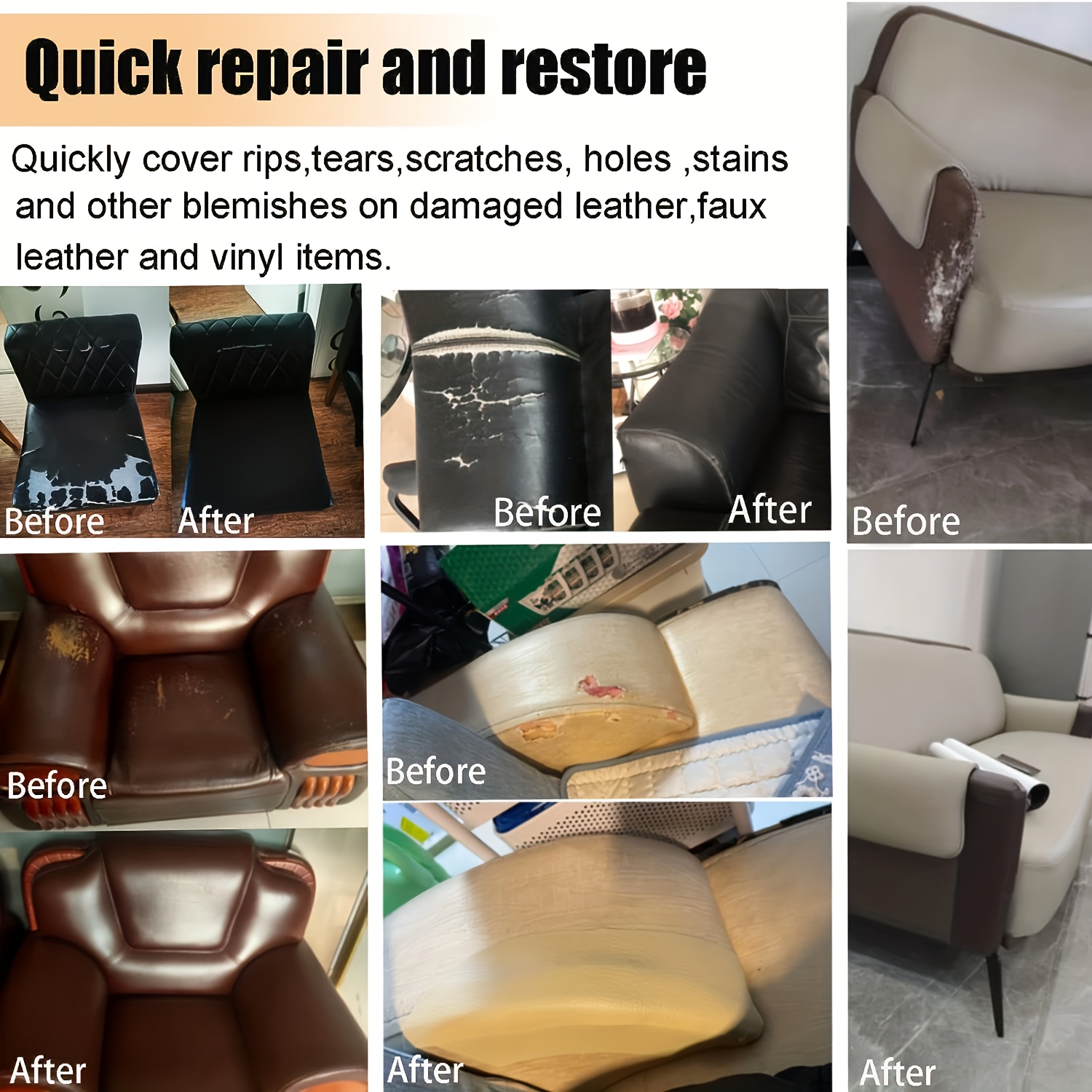 Leather Repair Kit for Furniture Cat Scratches, Faux Leather Repair Tape,  Car Leather Repair Kit, Leather Vinyl Repair Patch for Jackets,Bags,Chairs