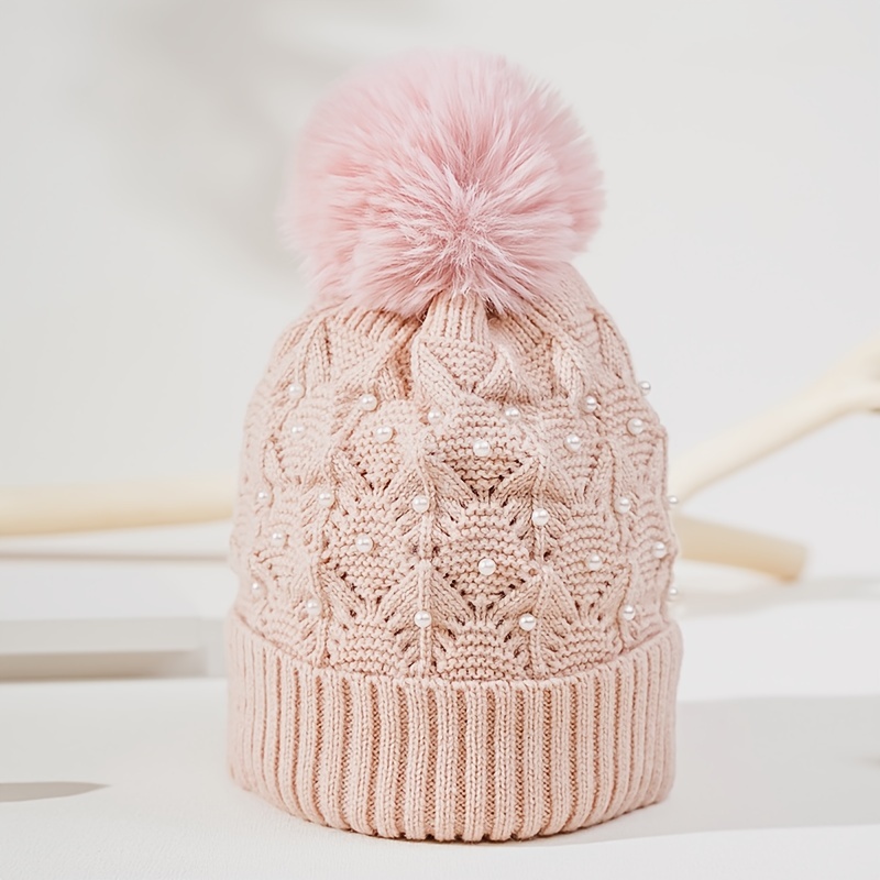 Elegant Beige Knit Beanie with Embellishments elegant beige beanie faux fur pom embellishments warm - Temu main image 4