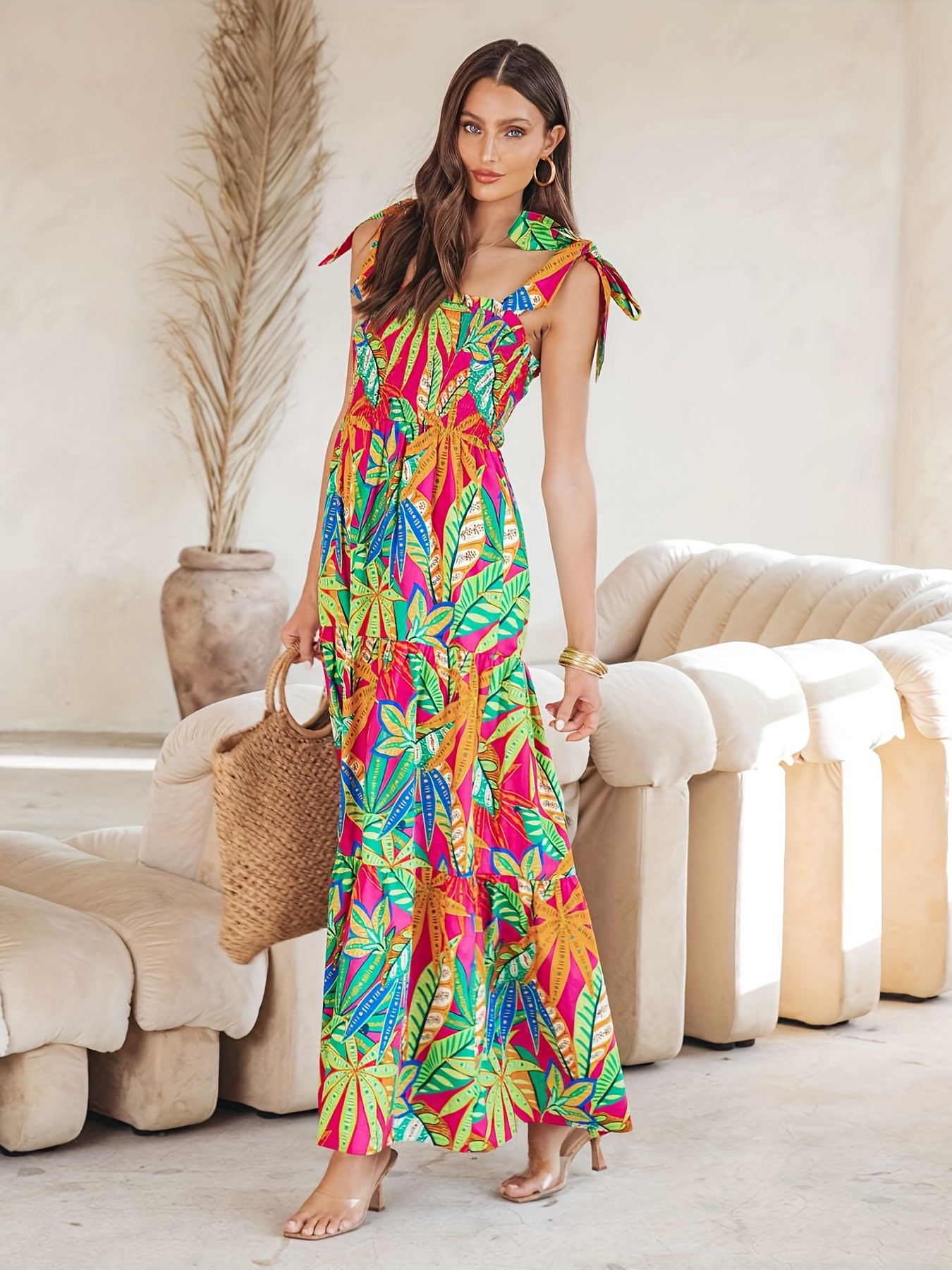 Tropical Print Dress, Boho Sleeveless Summer Maxi Cami Dress, Women's  Clothing