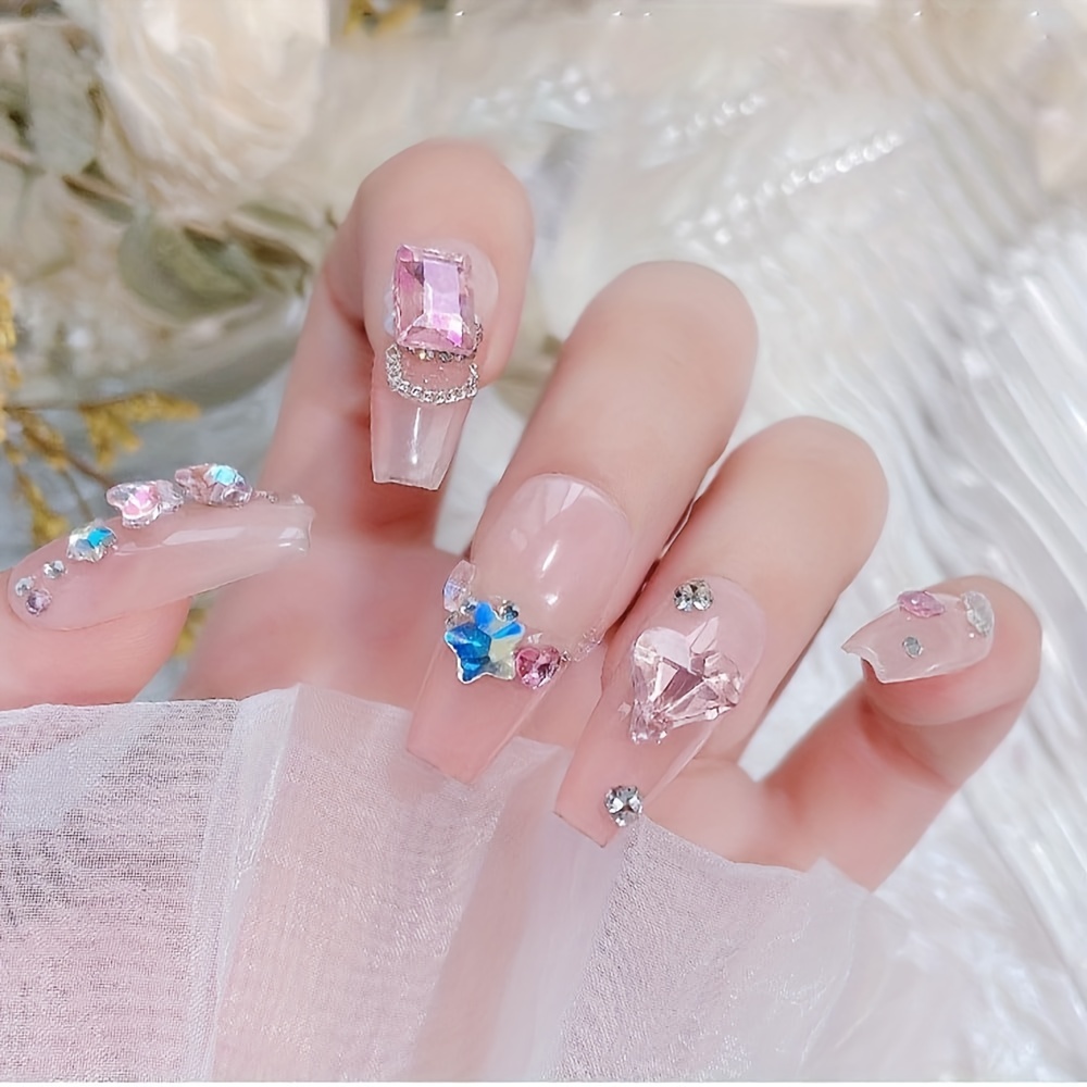 Pink Nails Rhinestones Crystal Decoration Shiny Bowknot Heart