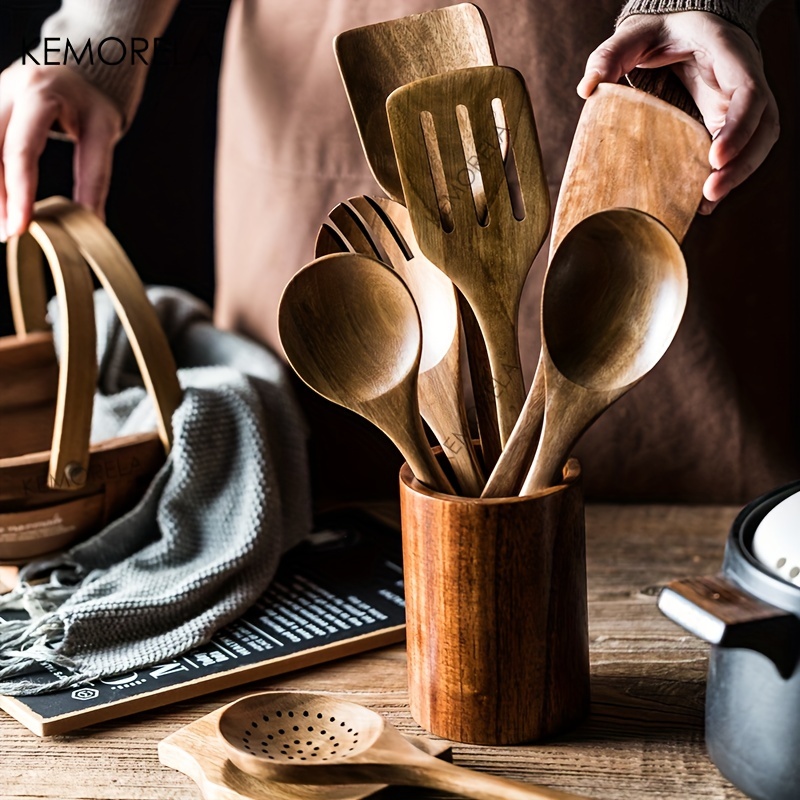 9PCS Wooden Spoons For Cooking, Wooden Utensils For Cooking With Utensils  Holder, Teak Wooden Kitchen Utensils