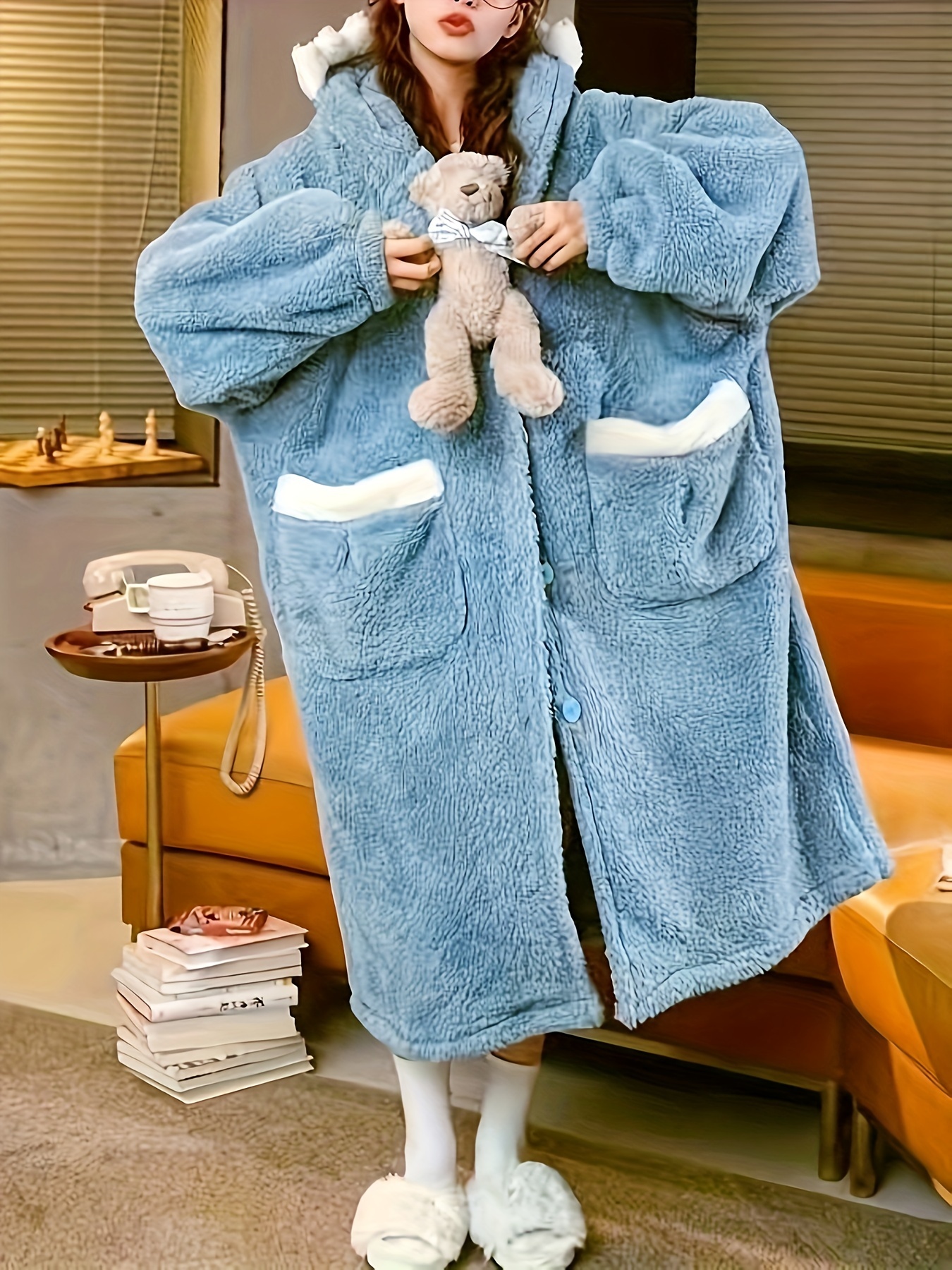 Bata de baño de invierno para mujer, suave con capucha de felpa de forro  polar animal, bata de baño con orejas bonitas, cálida y mullida, con  capucha