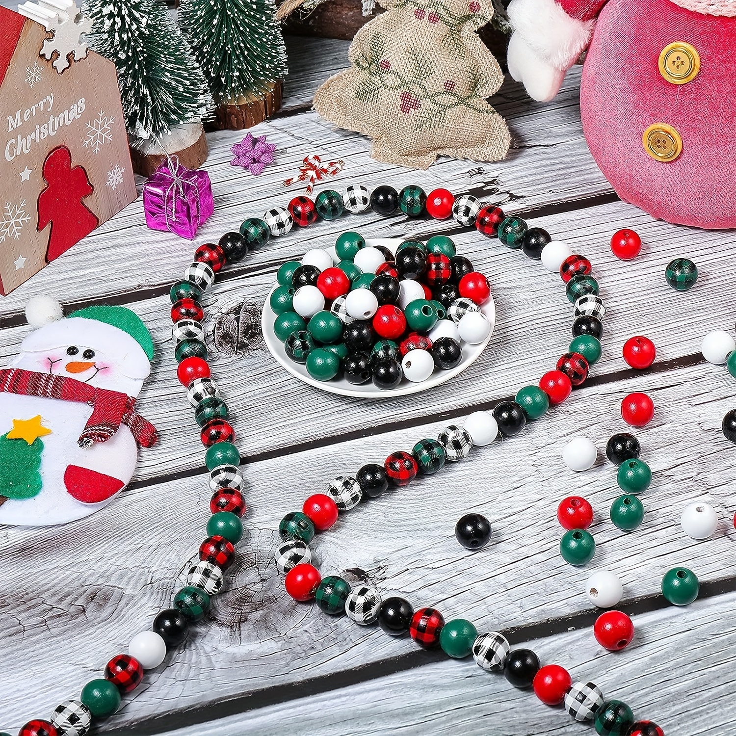 Christmas Wood Beads For Crafts Buffalo Plaid Colorful - Temu