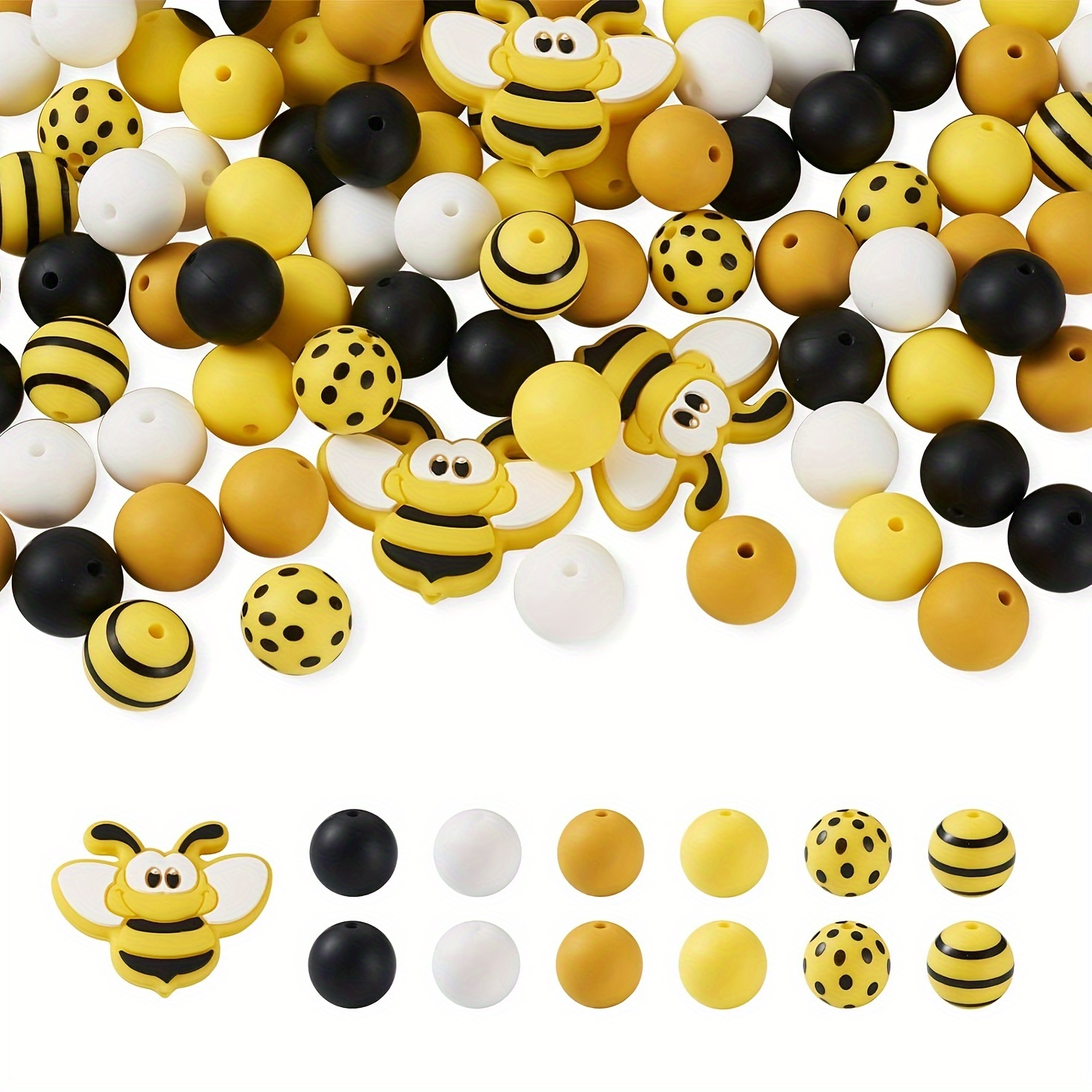 

50pcs Silicone Spring Yellow Bee Printed Beads For Jewelry Making Diy Creative Cartoon Gift Party Festival Decorations Cute Supplies Accessories