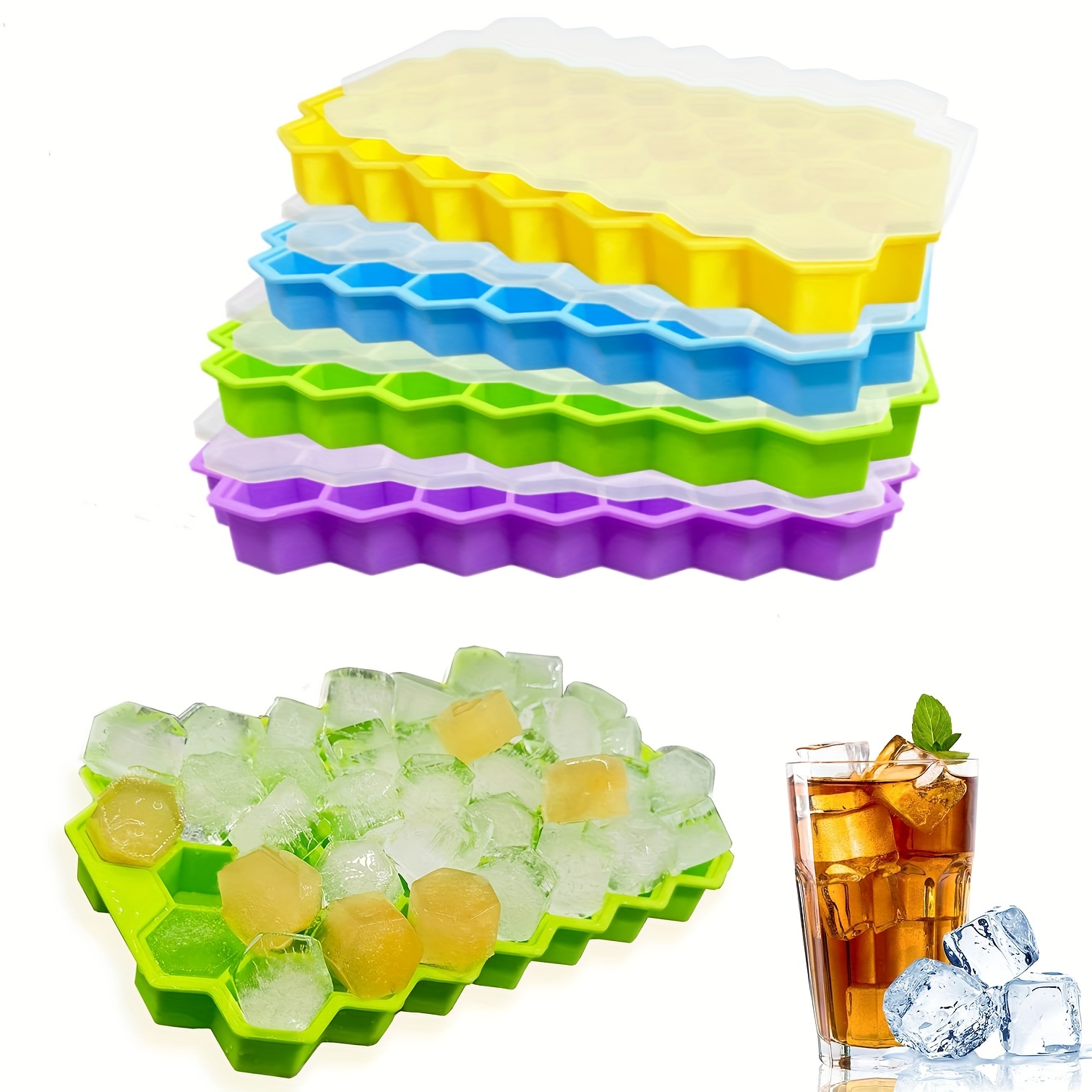 37 Cavidy Honeycomb Flexible Silicone Ice Cube Tray With Lid Stackable Ice  Cube Mold for Cocktail Whiskey Chocolate 