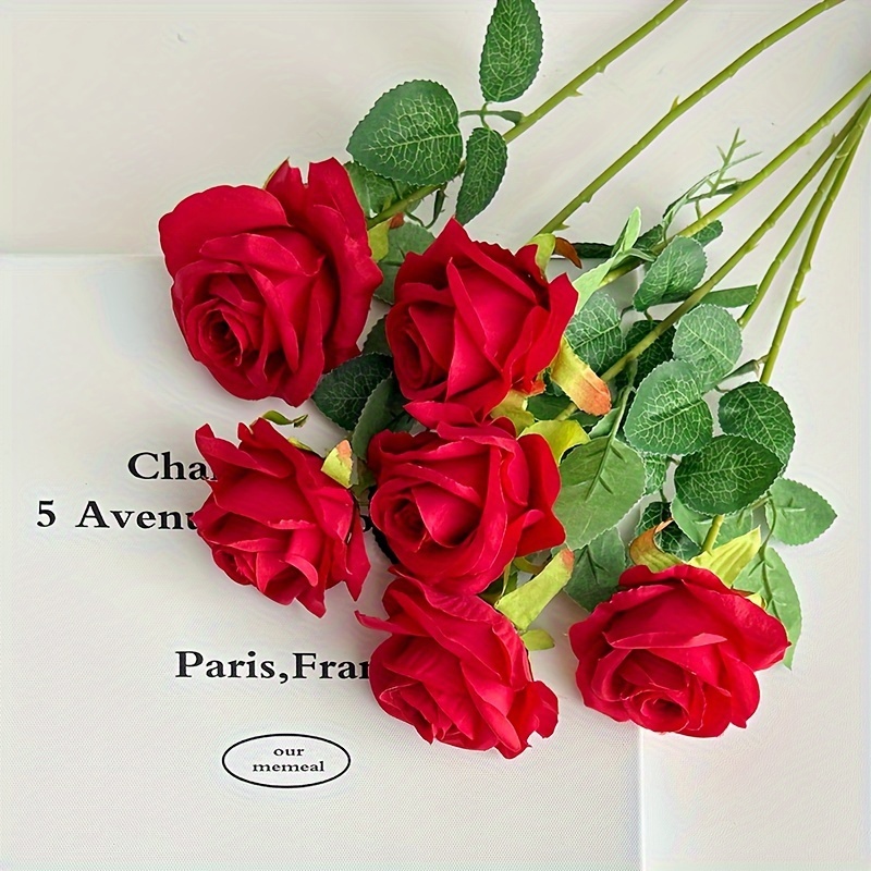 Red Roses Artificial Silk Flowers Fake Roses With Long Stems - Temu