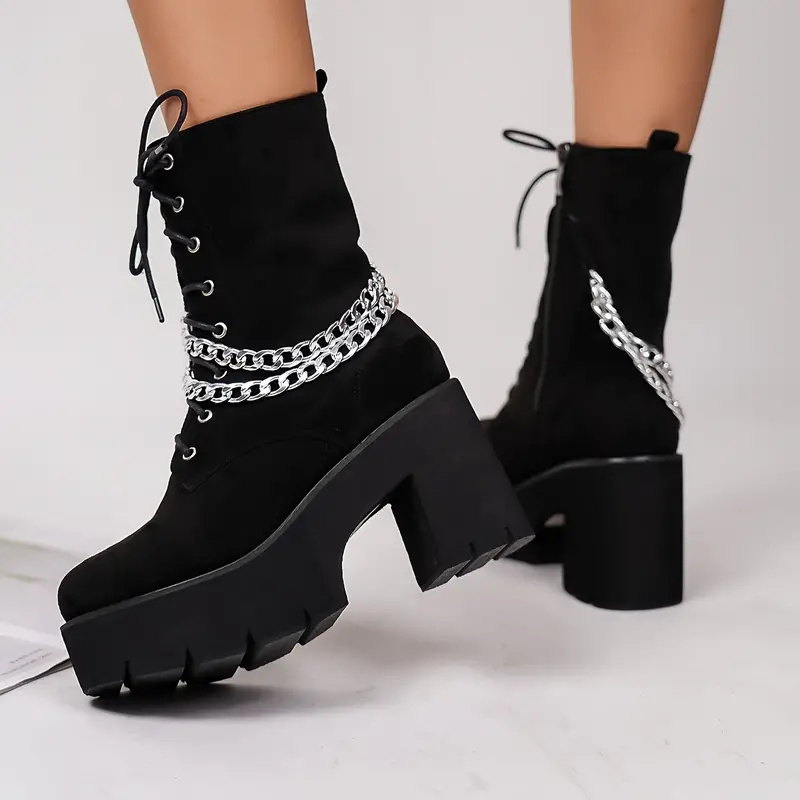 womens chain decor chunky heel boots fashion lace up dress boots stylish side zipper boots details 3