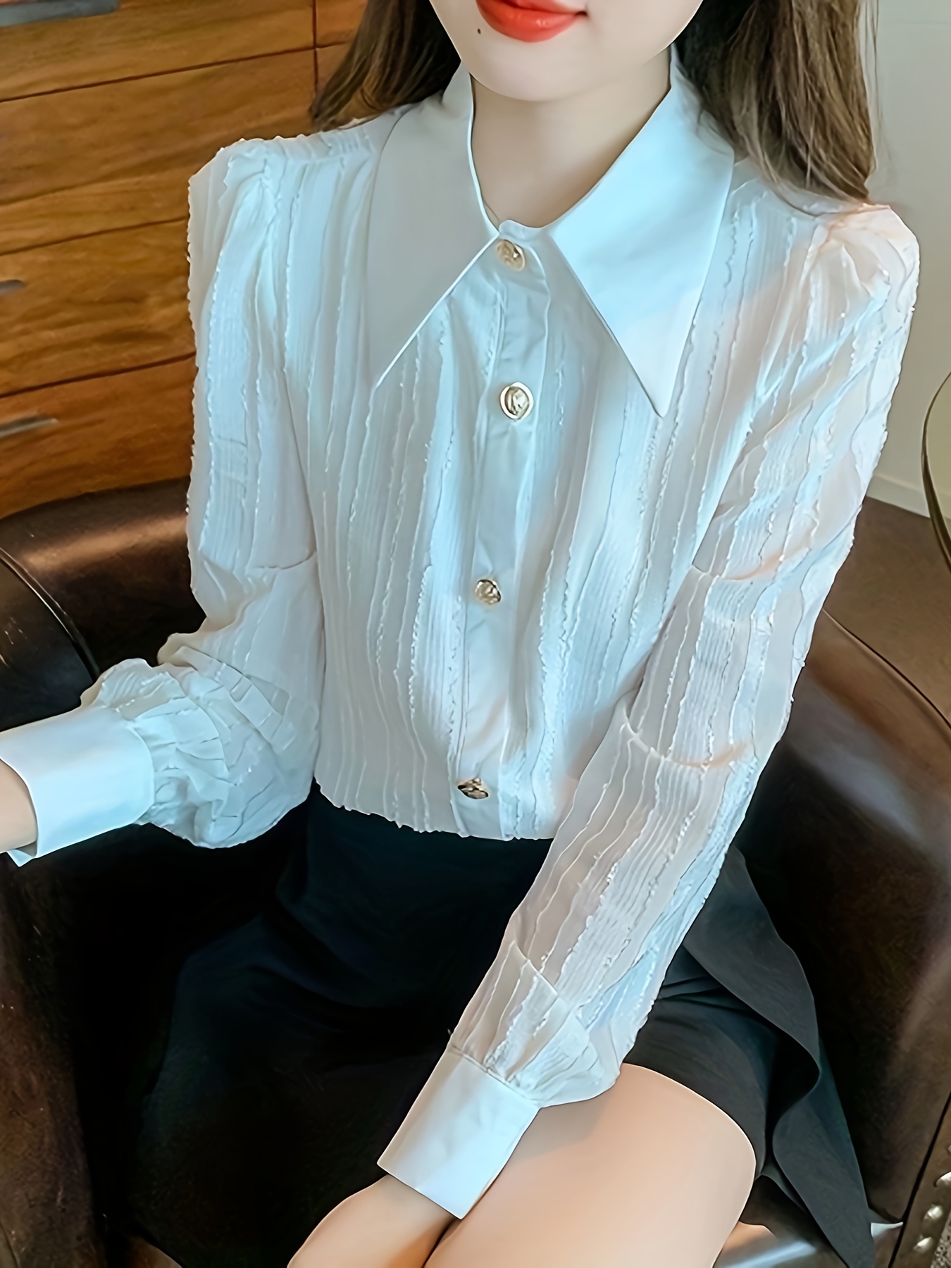 Solid Pu Blouse Sexy Slim Button Front Long Sleeve Collar - Temu