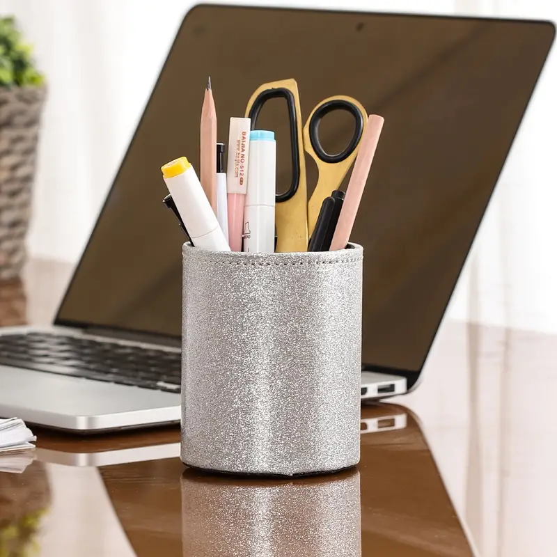 Bright Color Leather Pen Holder Modern Style Round Office - Temu