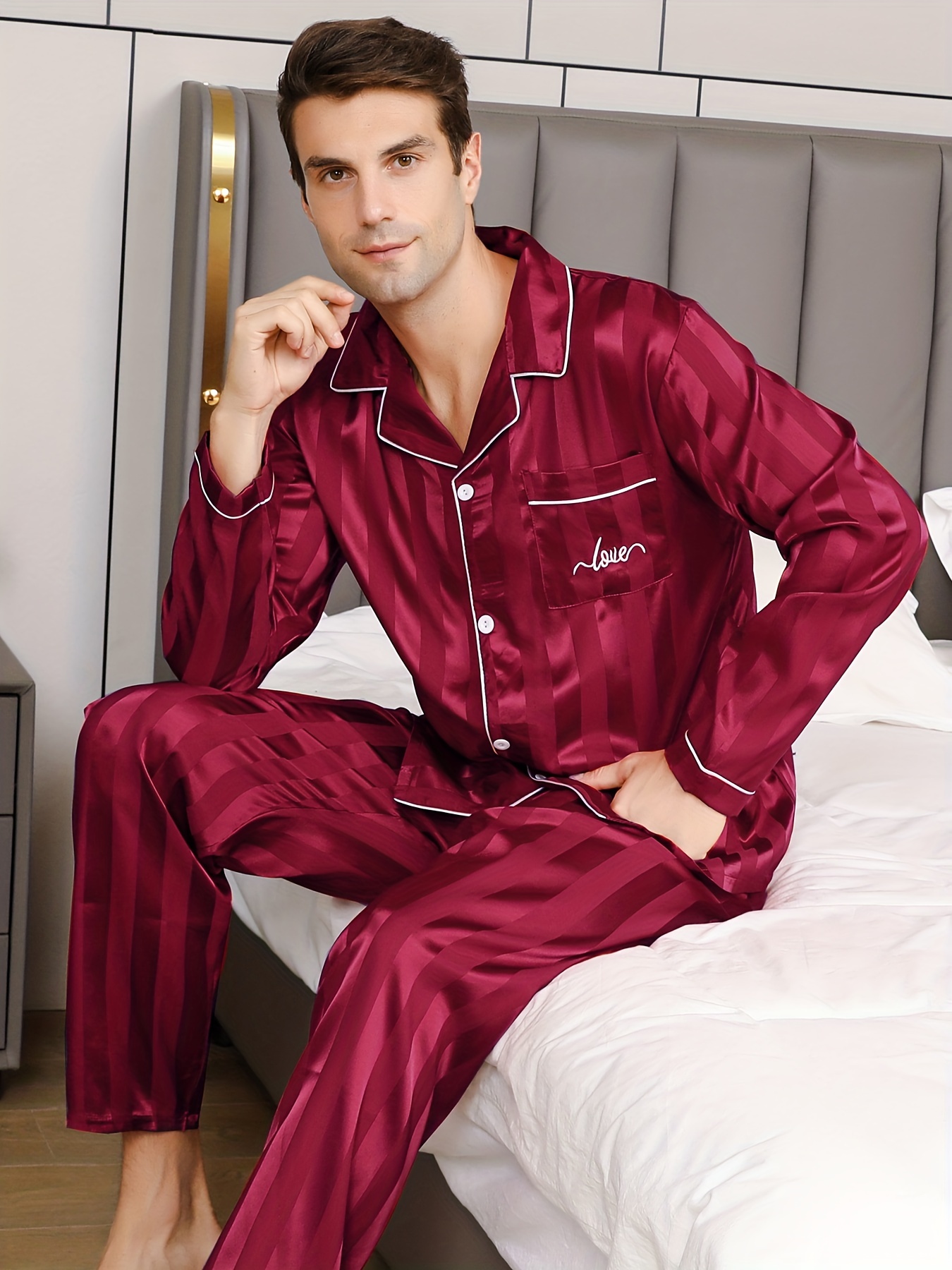 Men's Ice Silk Cool Pajamas Summer Set Casual Plain Color - Temu