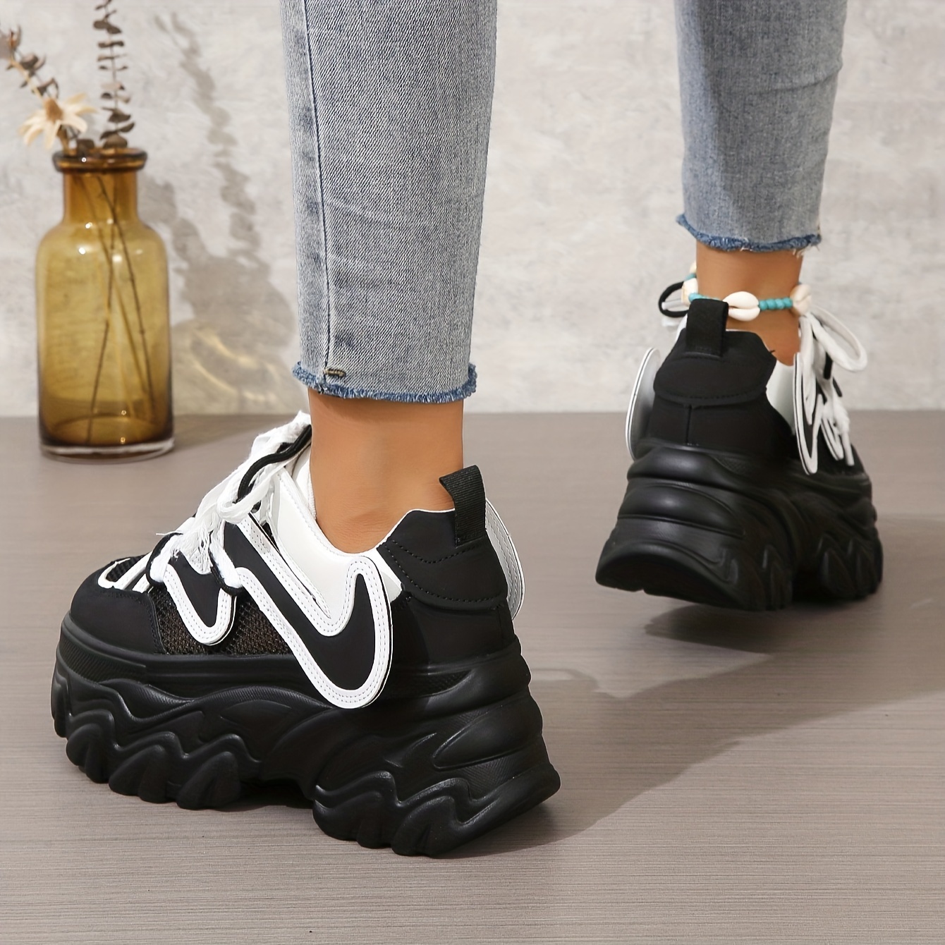 Women's Trendy Chunky Sneakers, Breathable Mesh Heightening Lace Up  Trainers, Fashion Low Top Platform Shoes