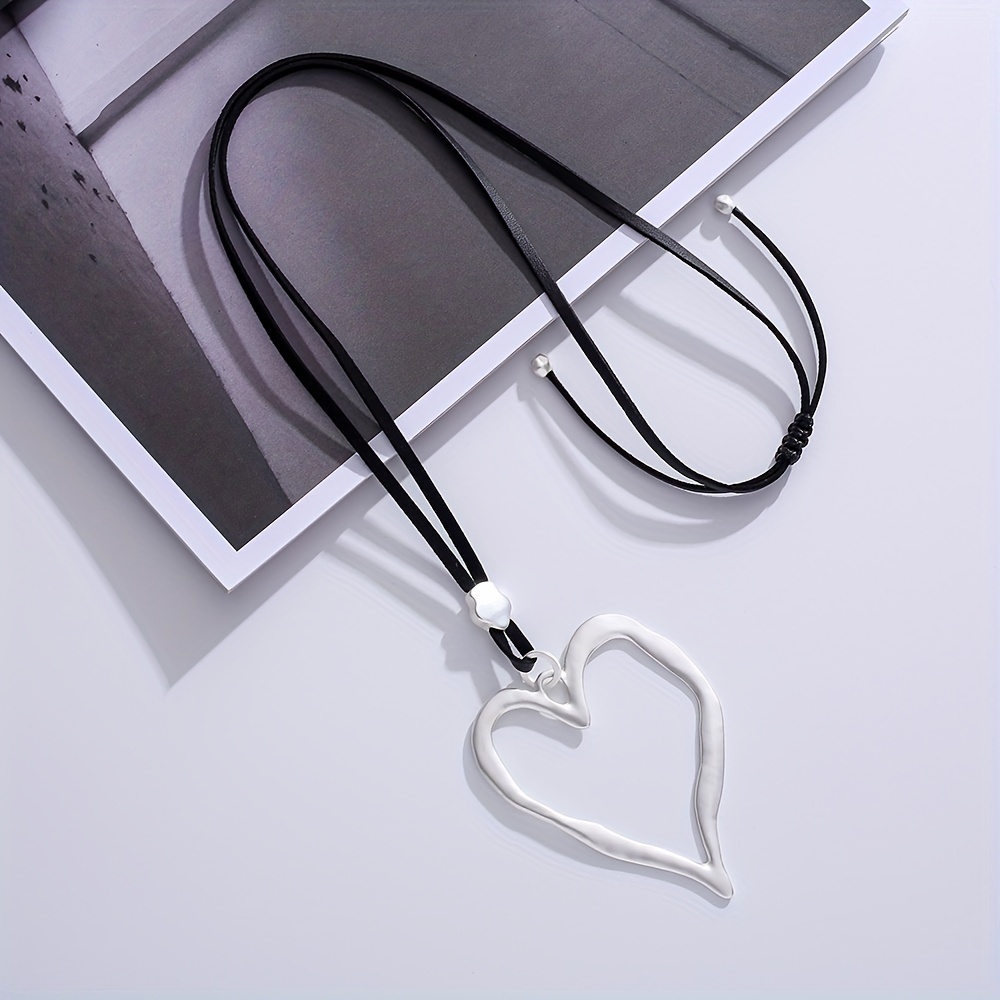 Image of 1pc Vintage Large Love Heart Pendant Adjustable Faux Leather Rope Strap Necklace Sweater Chain Bohemian Ethnic Statement Jewelry