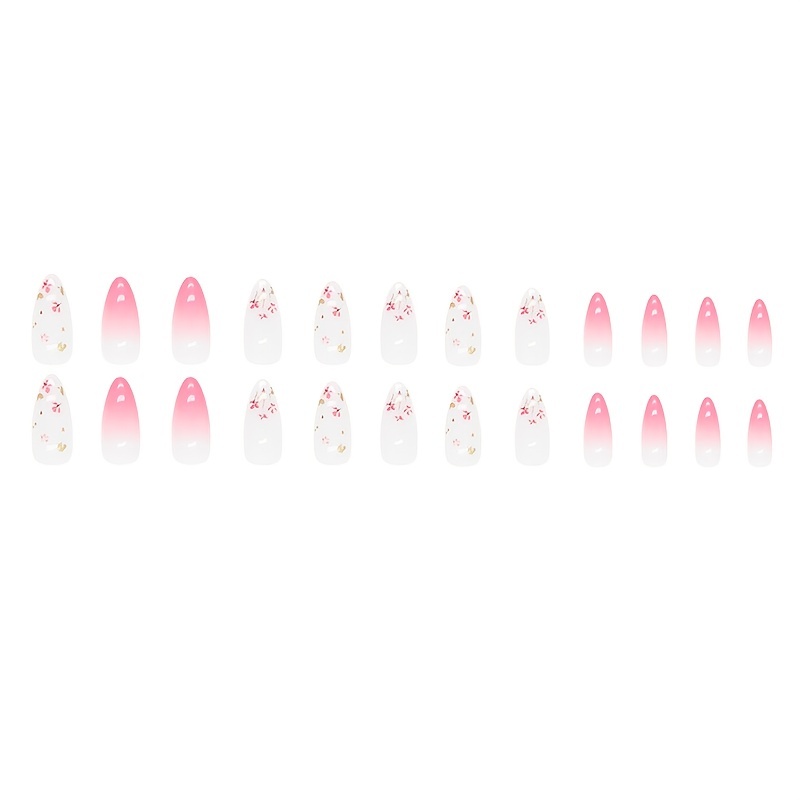 summer 24pcs pinkish gradient press on nails glossy medium almond fake nails flower pattern elegant acrylic artificial nails for women girls 1pc nail file and 1sheet jelly tabs included details 4