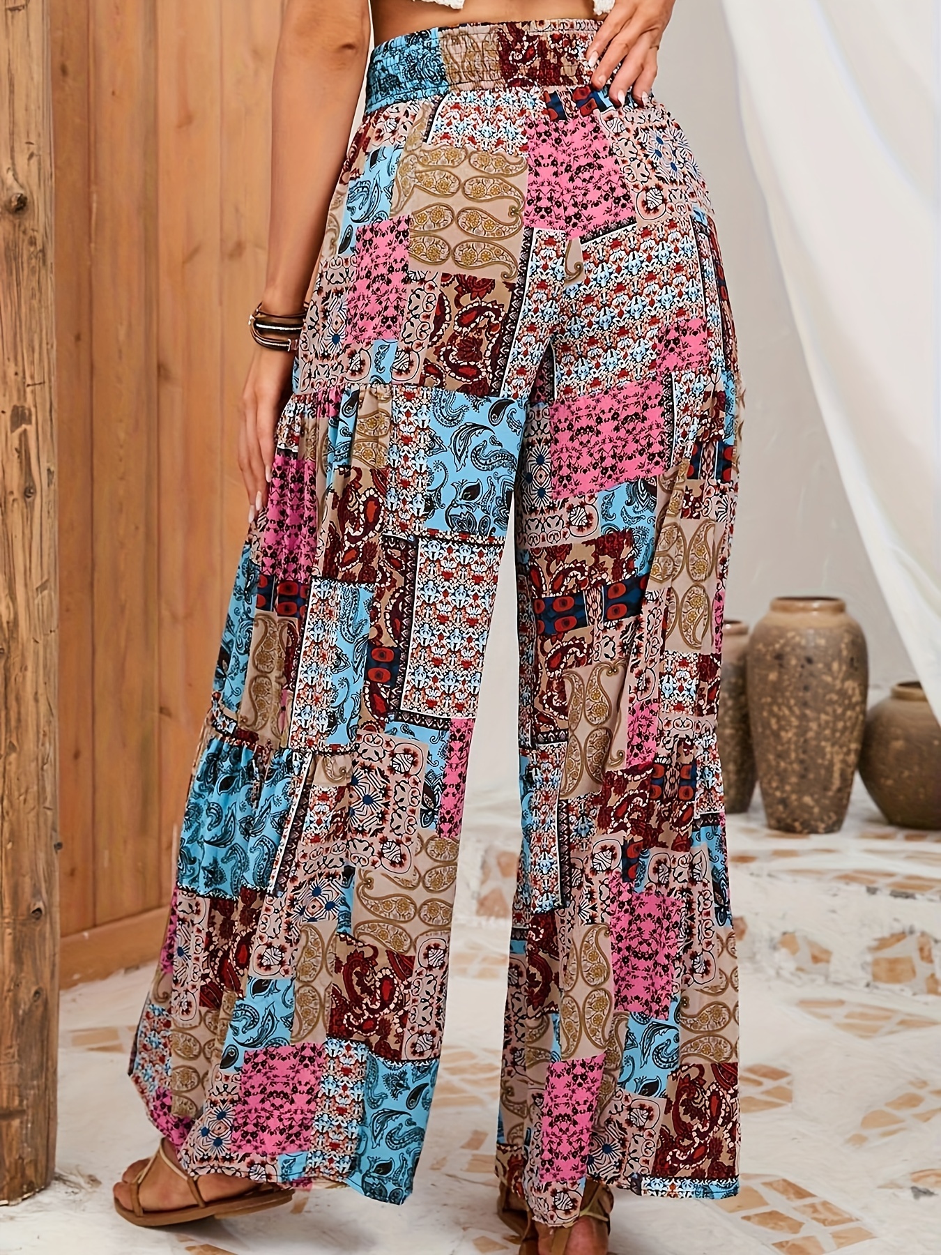 Ethnic Print Flared Leg Pants Boho High Waist Long Length - Temu
