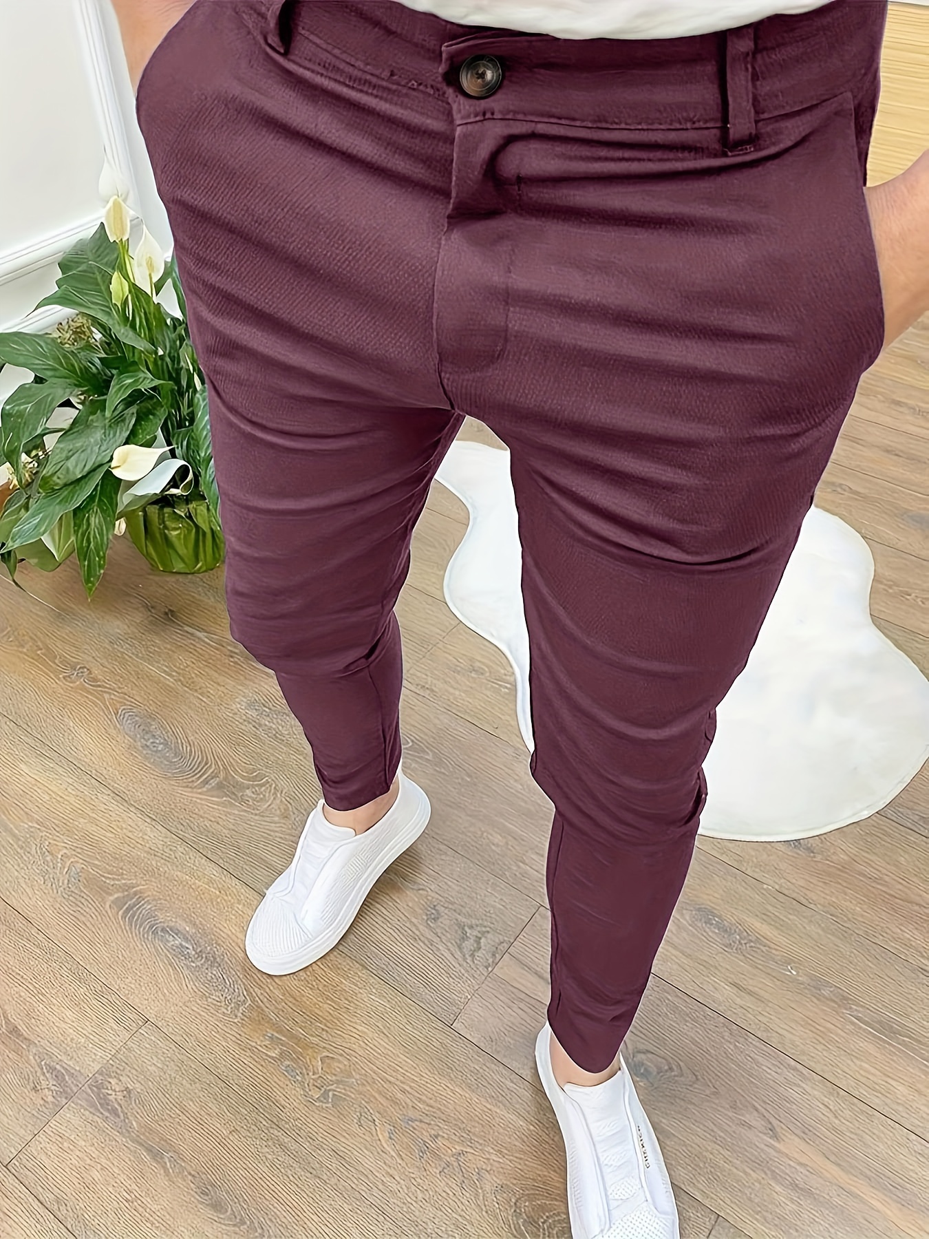 Slim Fit Solid Color Slacks, Men's Casual Vintage Style High Stretch Dress  Pants For Business Party Banquet