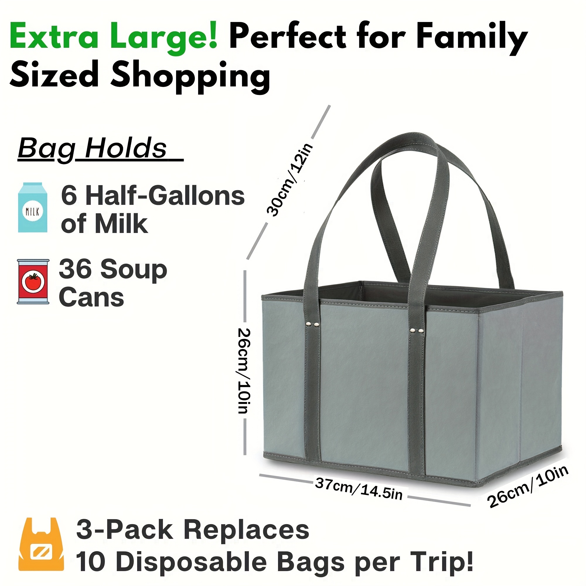 Heavy Duty Collapsible and Reusable Shopping Box Bags with Fold Out  Reinforced Bottom (Set of 3)
