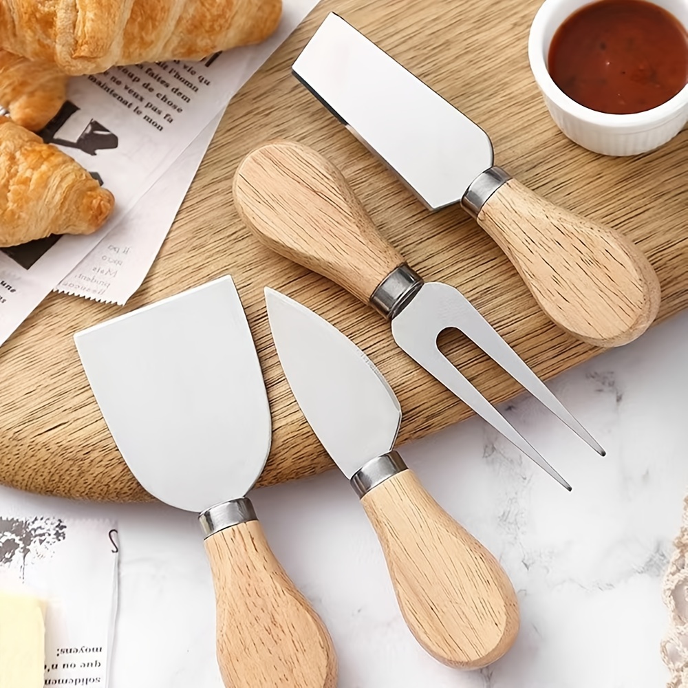 4pcs Cheese Knife Set Bamboo Handle Steel Slicer Knives Fork Spatula Cutlery