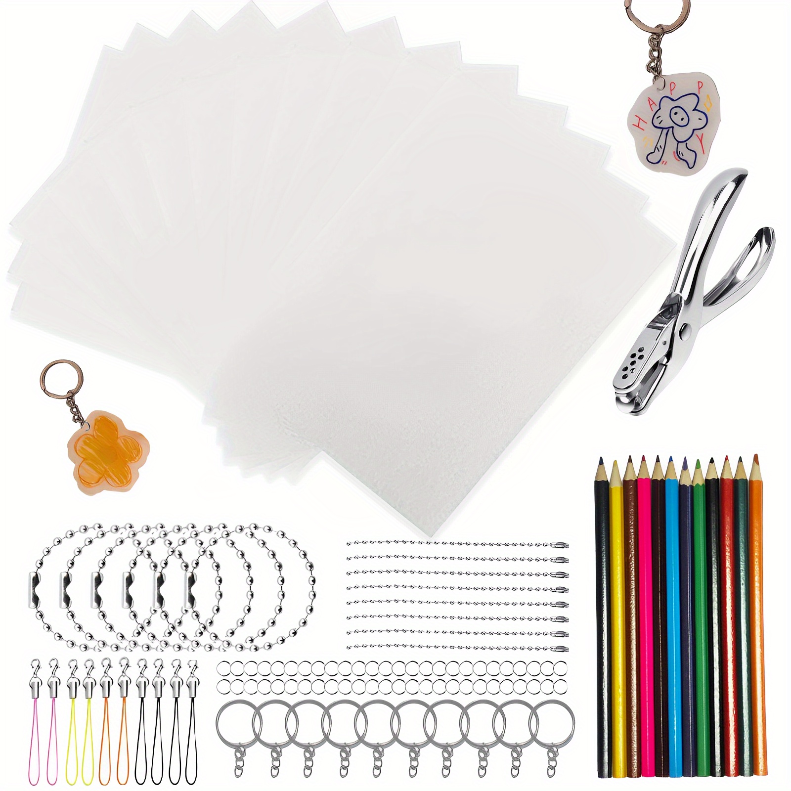 Pieces Heat Shrink Plastic Sheet Kit Shrink Film Papers With Keychains  Accessories for Jewelry Earing Necklace DIY Creative Craft 