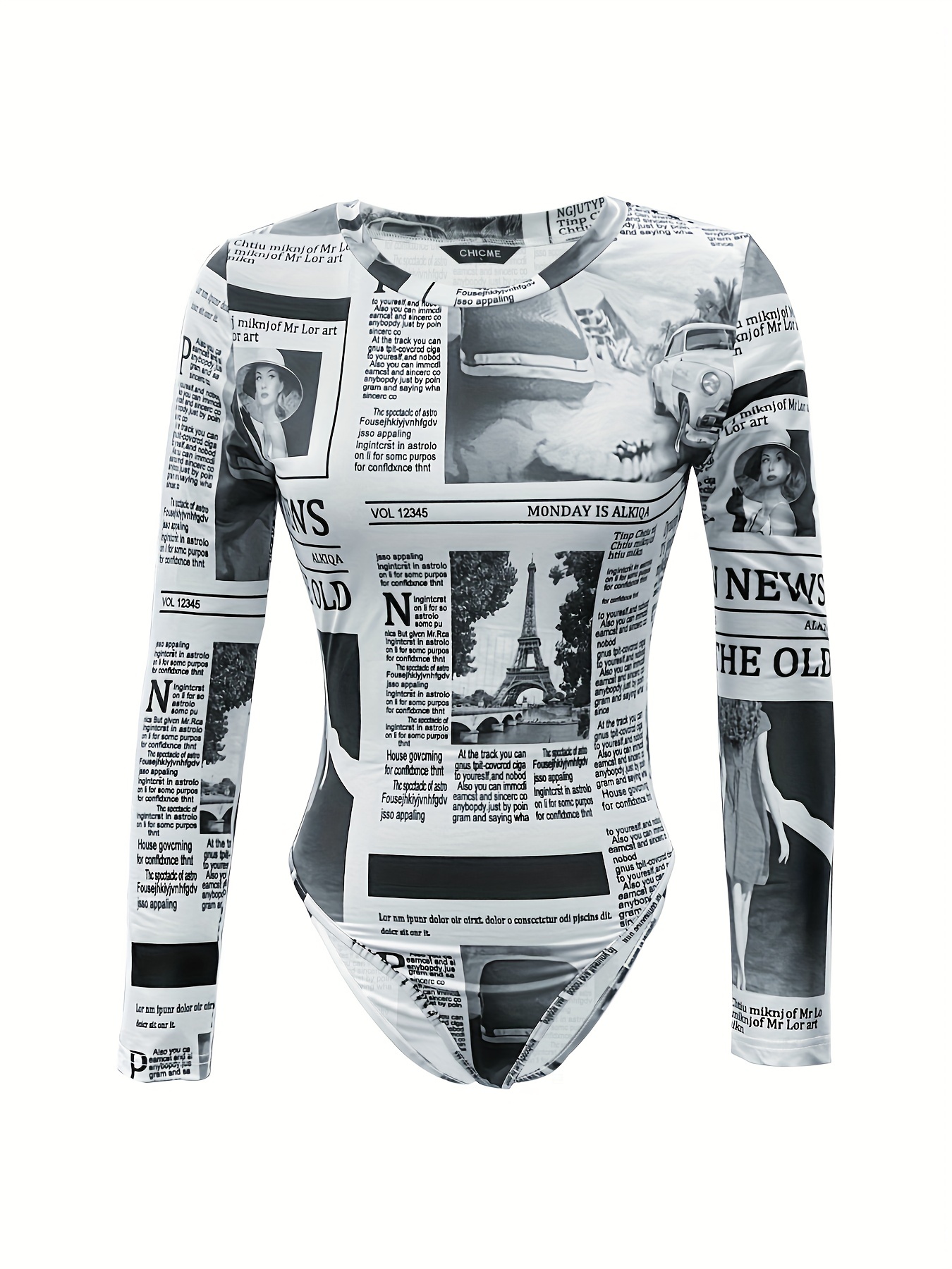 Newspaper Print Bodysuit Sexy Long Sleeve Bodysuit - Temu Canada
