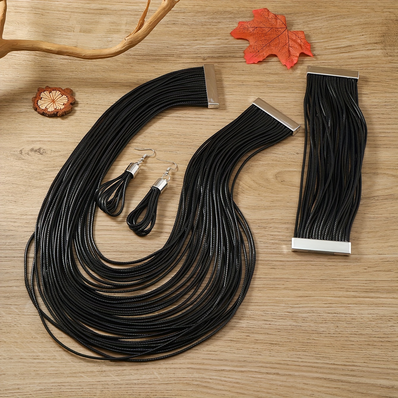 Image of Fashion Vintage Waxed Thread Braided Necklace For Women, Holiday Party Accessory, Short Necklace, Earrings, And Bracelet 3pcs Set