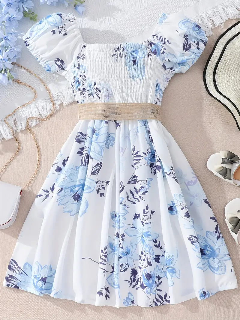 girls floral print shirred short sleeve casual dress belt for summer details 28