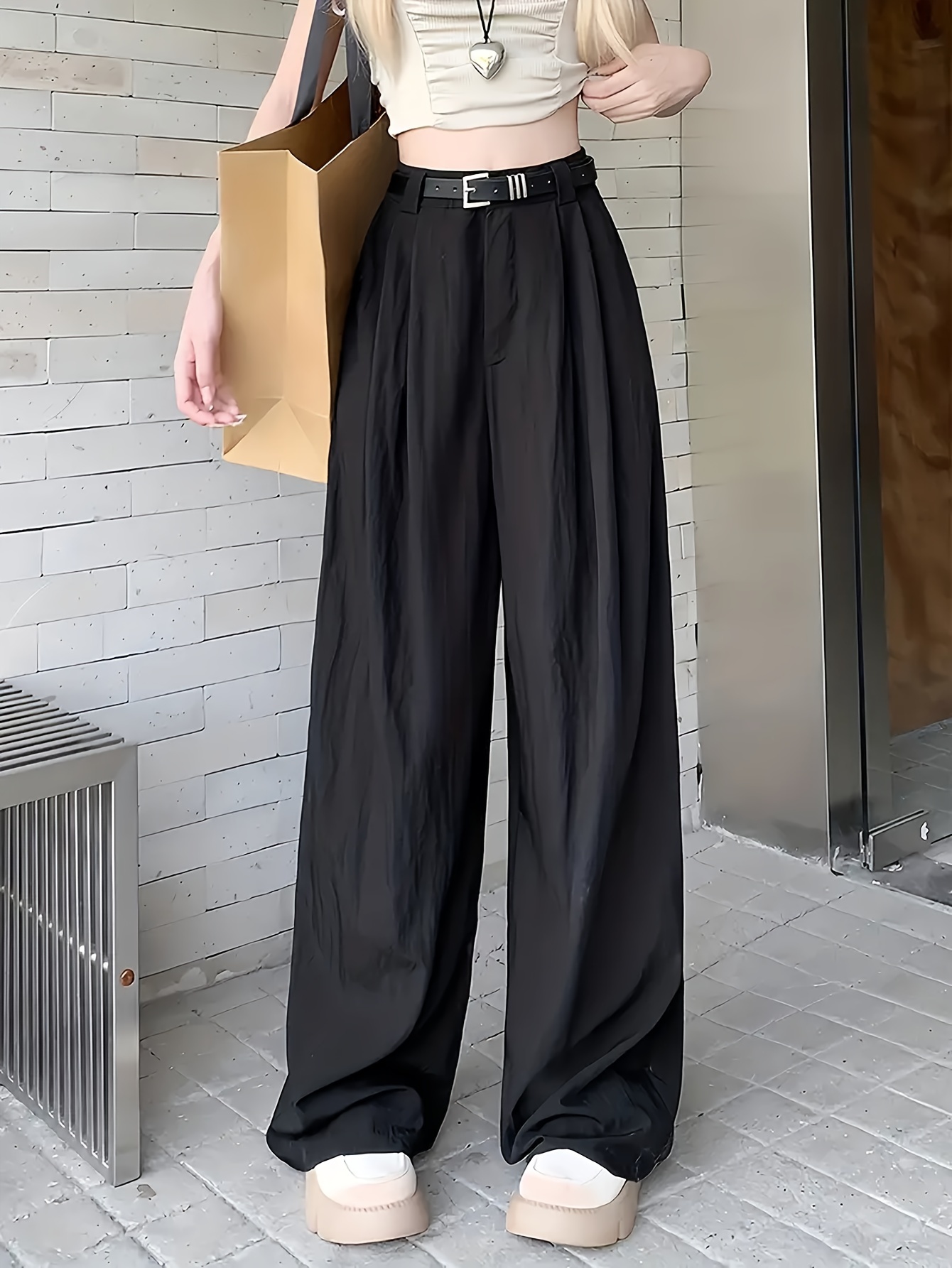 Casual Loose High Waist Pants Solid Wide Leg Fashion Work - Temu