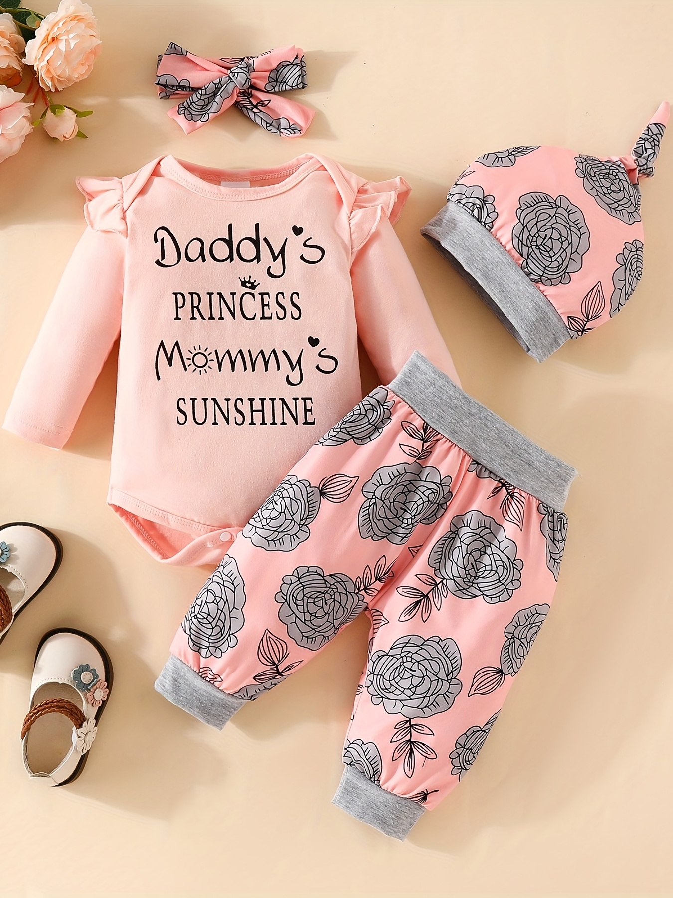 4Pcs Newborn Baby Girls Romper Clothes Infant Letter Print Long Sleeve Top  + Flowers Pants + Hat + Headband Outfit Set : : Clothing, Shoes 