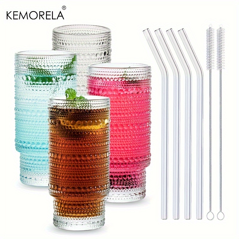 4pcs, 16oz Hobnail Drinking Glasses With Glass Straws, Stackable Cups For  Bar, Cocktails, And Beverages, Ideal For Iced Coffee, Beer, Juice, And Water