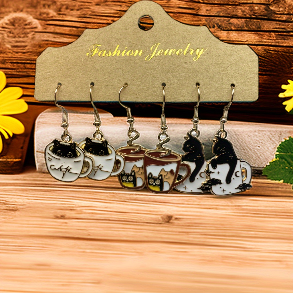 3 Pairs/ Set Enamel Coffee Cup Black Dangle Earrings Elegant Adorable Female Gift
