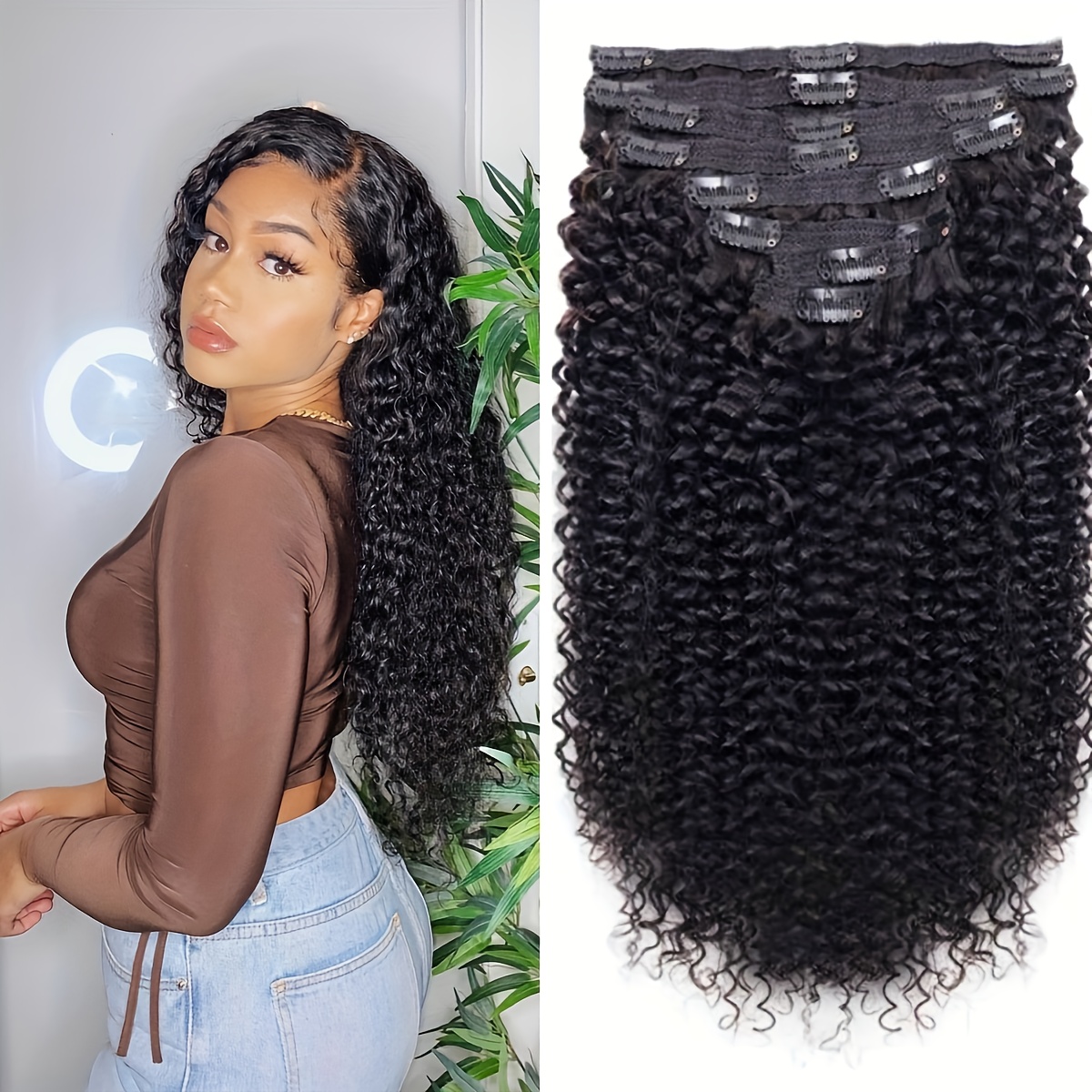 

8pcs Clip In Human Hair Extensions Kinky Curly Hair Pieces For Women Double Weft Brazilian Virgin Human Hair Extensions Wigs Natural Black Color 8-26inch Hair Clips Hair Accessories